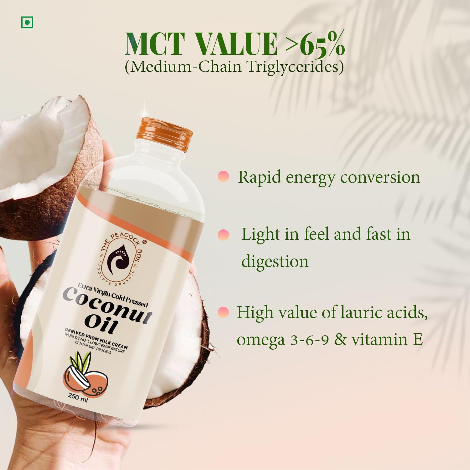 THE PEACOCK BOX ABSOLUTE ORGANIC The Peacock Box Organic Extra Virgin cold pressed Coconut Oil | Derived From Coconut Milk Cream | for Hair, Skin, and Cooking - 500 Ml