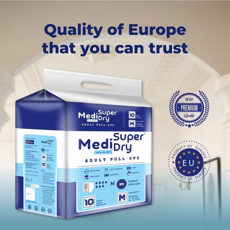 MediSuperDry MediSuperDry Adult Diaper Pants, Unisex -Medium (M) Size, Adult Pull-Ups, High Absorbency, Leak Proof, Overnight Protection, Elastic Waist Size (71-110 Cm | 28-44 Inches), 30 Pieces, Pack Of 3