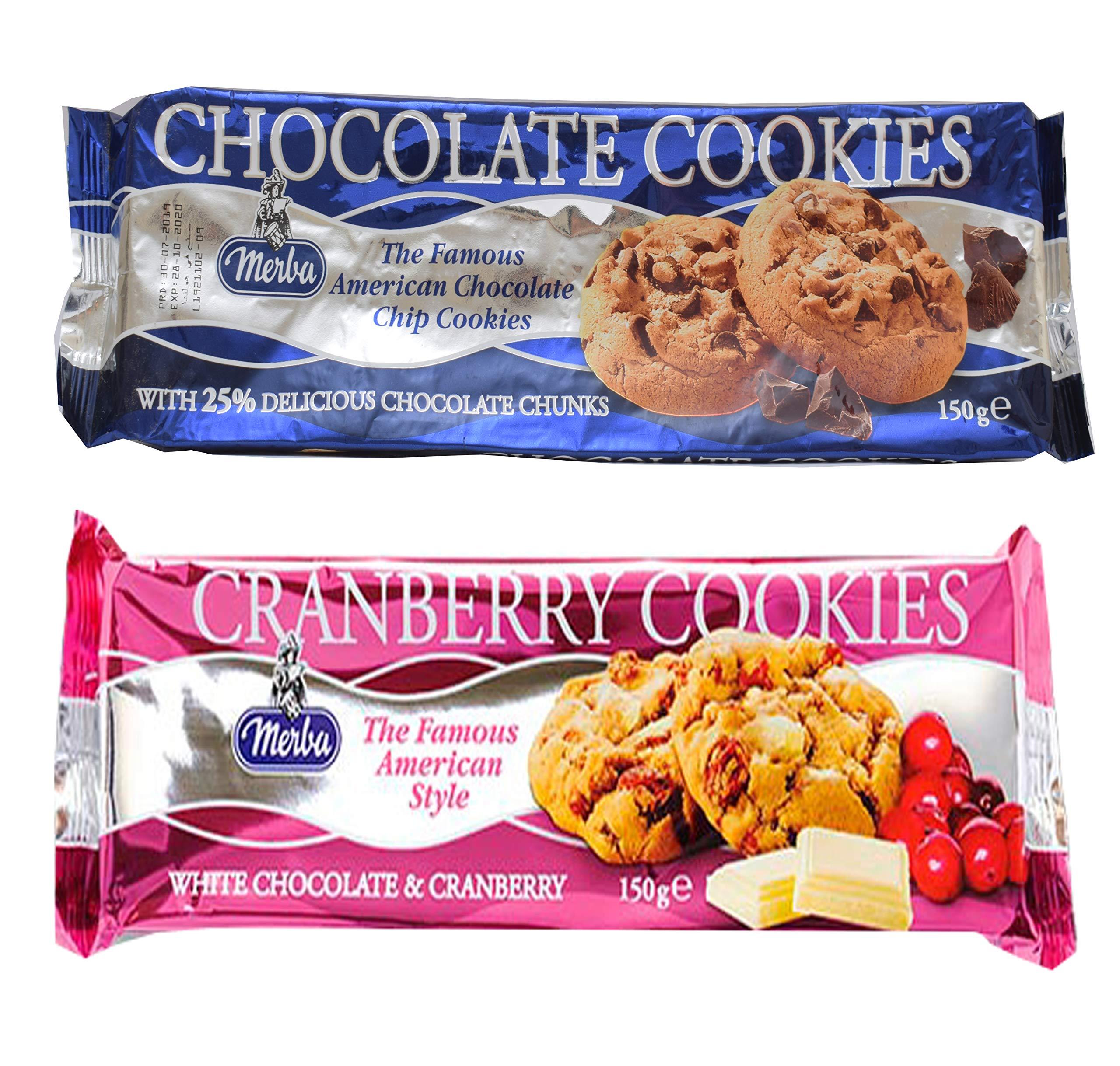 Merba Merba Chocolate Chip Cookies (25% chocolate) 150g & Merba White Chocolate & Cranberry Cookies 150g (Pack of 2)