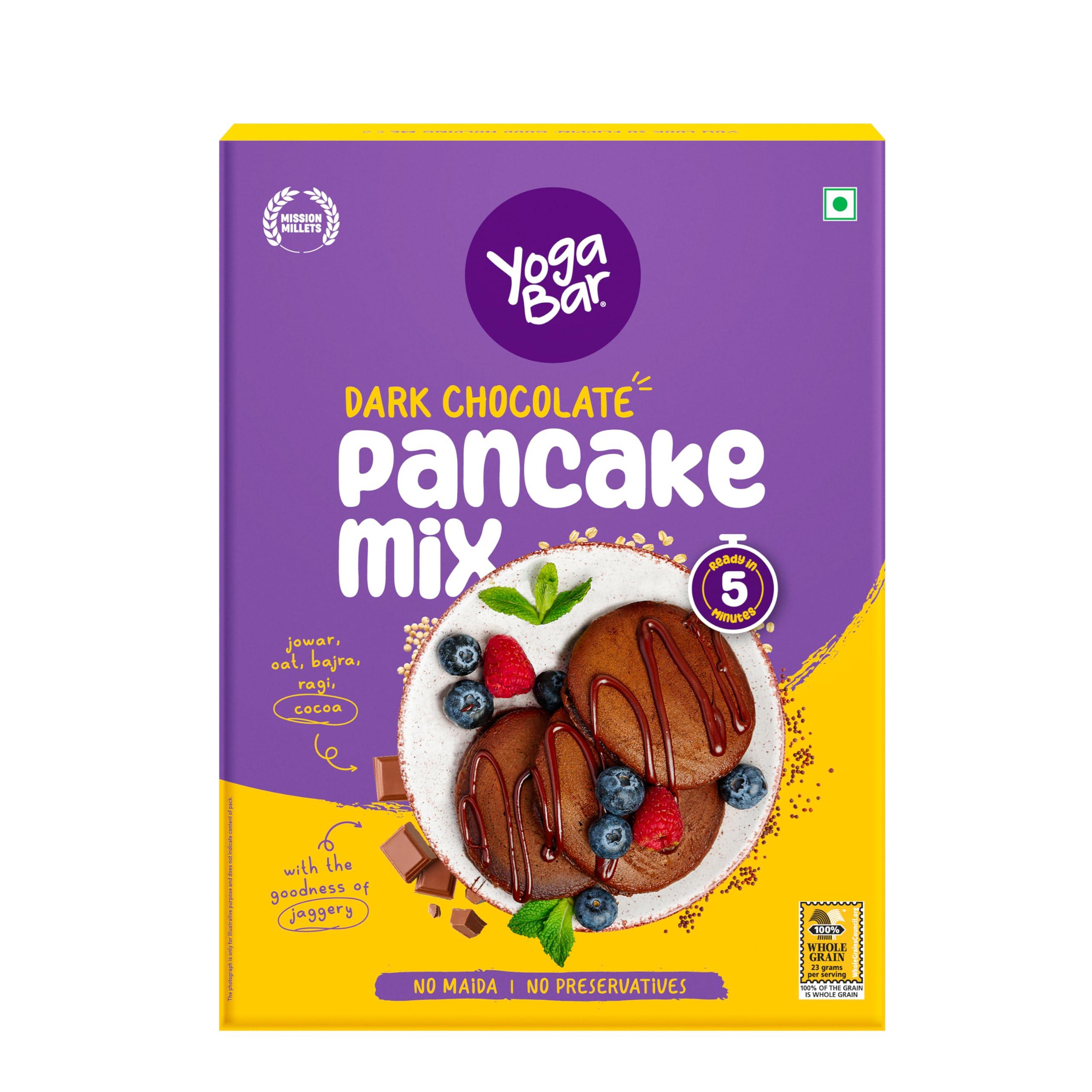 Yogabar Yogabar Pancake Mix,Chocolate & Banana Choco Chip Pan Cake Mix Powder,0 Maida,0 Preservatives,Goodness of Jowar,Oats,Bajra,Ragi,Healthy Breakfast for Children, Easy to Make Breakfast,150g x Pack of 4