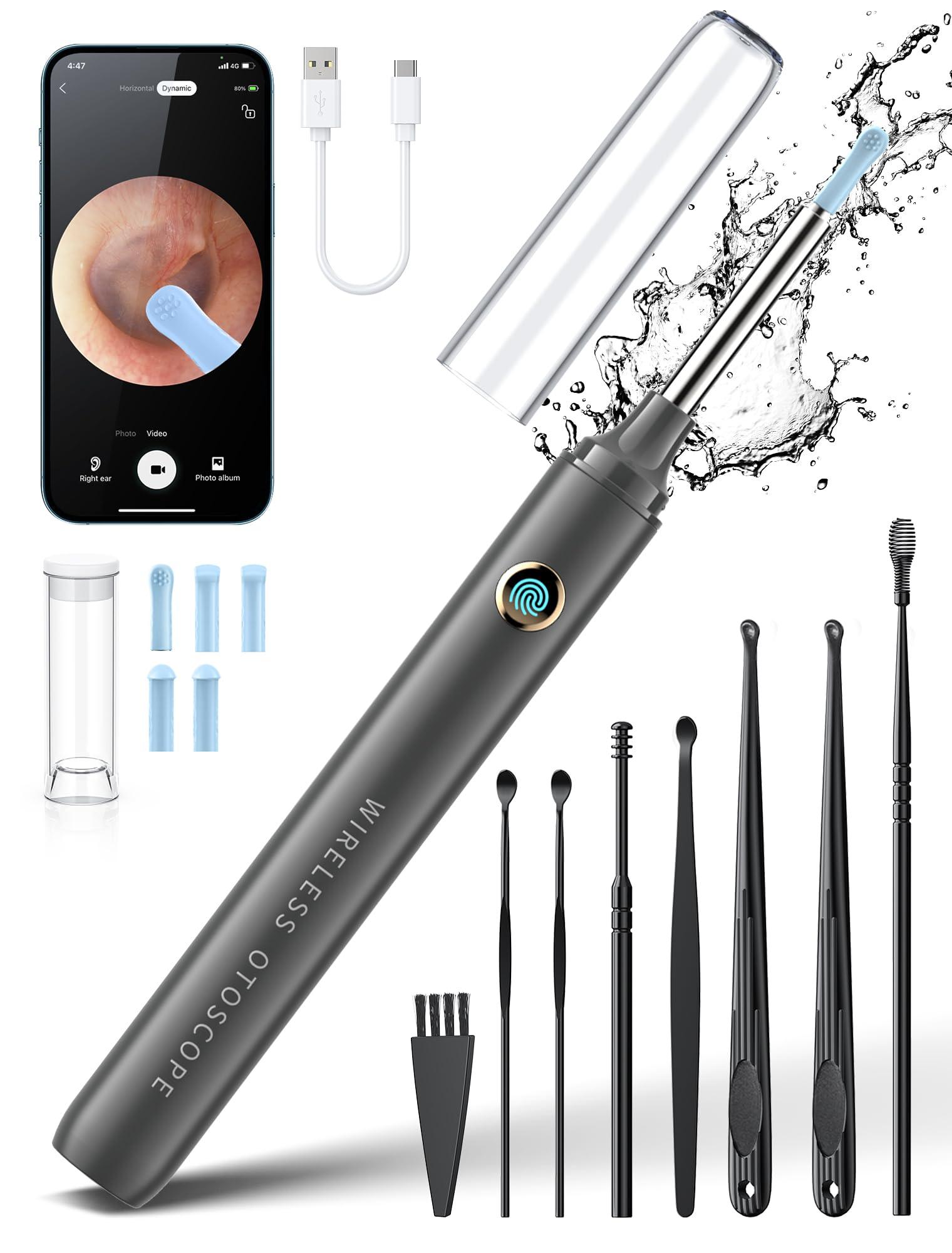 DEETOK Ear Wax Removal, Ear Cleaner with Camera, Ear Wax Removal Kit with 1080P, Ear Camera Otoscope with Light, Ear Cleaning Kit with Cap for iPhone, iPad, Android Phones (Grey)