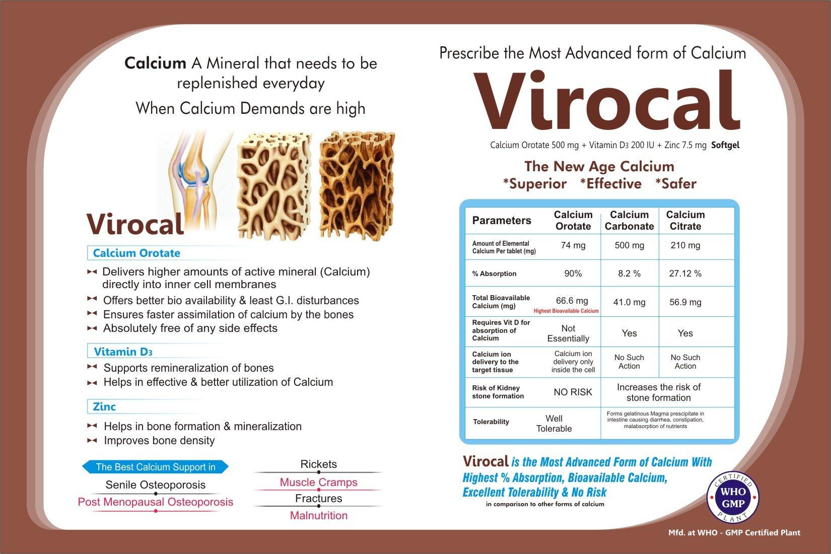 Virgo Healthcare Virocal - Calcium Orotate 500mg with Vitamin D & Zinc | Joint & Bones Supplement 60 Tablets