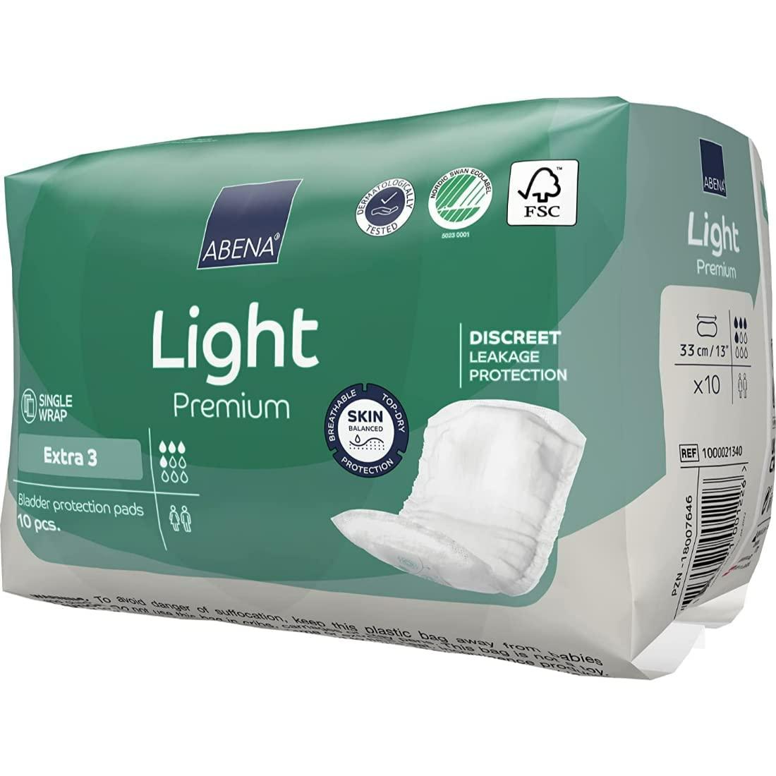 ABENA Abena Light Incontinence Pads For Women, Anatomically Designed Barriers For Urinary Leak Protection, Breathable, Comfortable & Fast Absorption, Self-adhesive Strips - Light Extra 3, 500ml, 10 Count