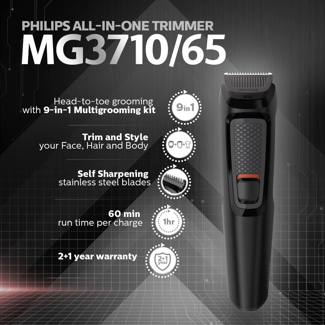 PHILIPS PHILIPS Multi Grooming Hair Trimmer Kit For Men Mg3710/65, 9-In-1 (New Model), Face, Head And Body, 60 Mins Run Time & Oneblade Replaceable Blade Pack Including 2 Replaceable Blades, Qp220/51 (Lime)