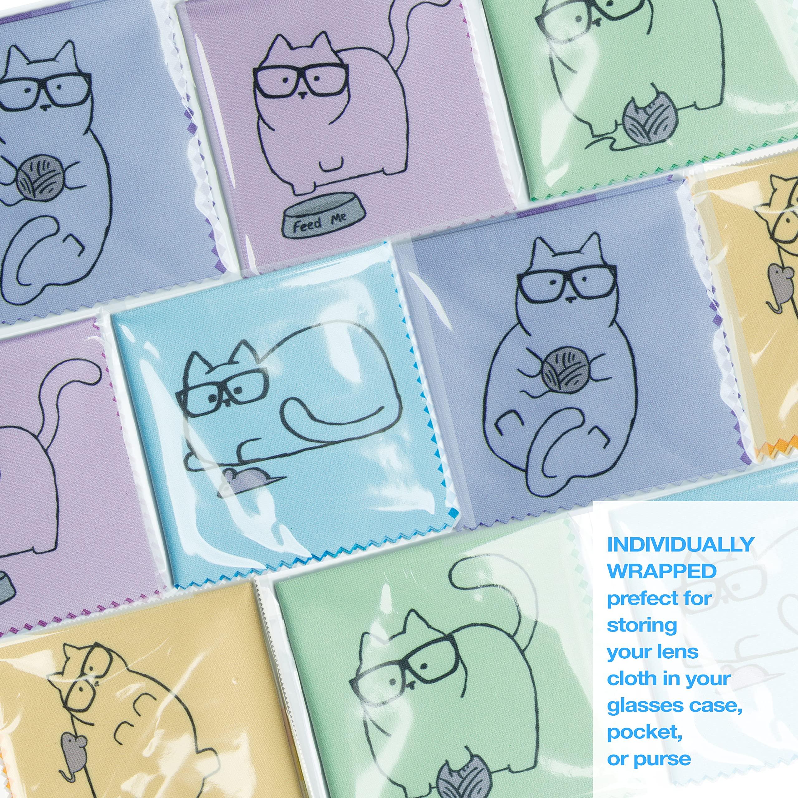 TreVee 10 Pack Cute Kitty Cat Design Multicolor Microfiber Cleaning Cloths for Cleaning Eyeglasses Lenses Sunglasses and Cell Phone Beautifully Designer Colors Blue Pink Yellow Purple Green Cloth Wipes
