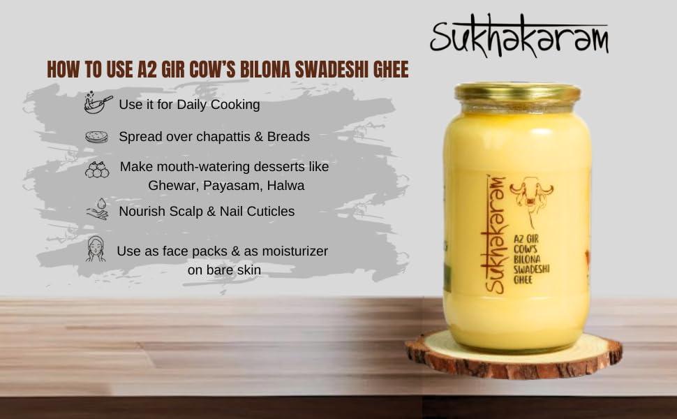 SUKHAKARAM SUKHAKARAM A2 GIR COW GHEE 500 ml | ORGANIC GRASS FED INDIAN GIR COW | TWO WAY WOOD CHURNED WITH BILONA METHOD | GLASS BOTTLE | PURE, NATURAL AND HEALTHY