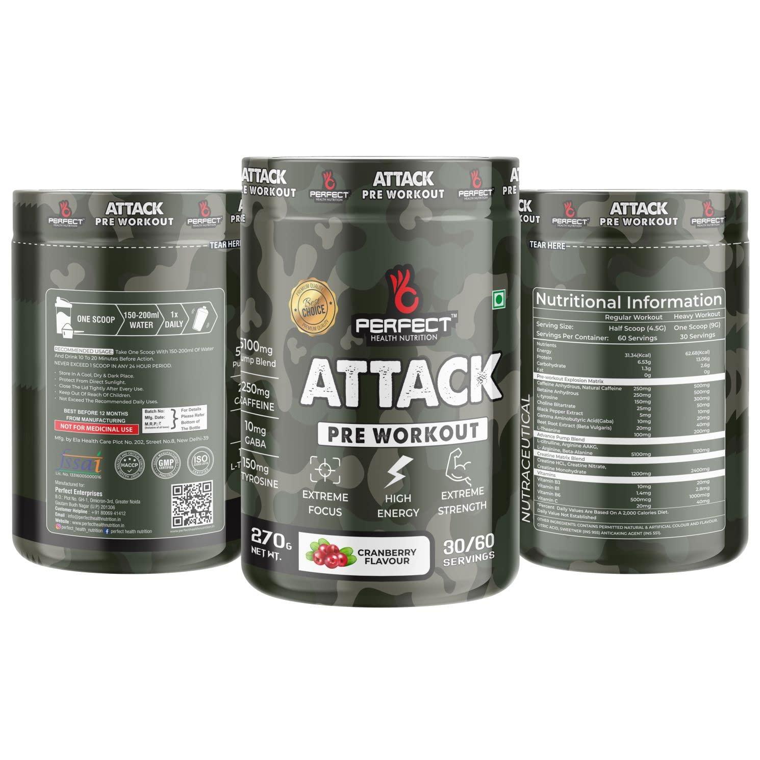 PERFECT HEALTH NUTRITION Perfect Health Nutrition, Attack (Pre-Workout) with 250mg Caffeine, Helps in Better Endurance, Increased Energy, Elevated Focus and Reduces Fatigue (270gm, 30/60 Servings) (Watermelon)