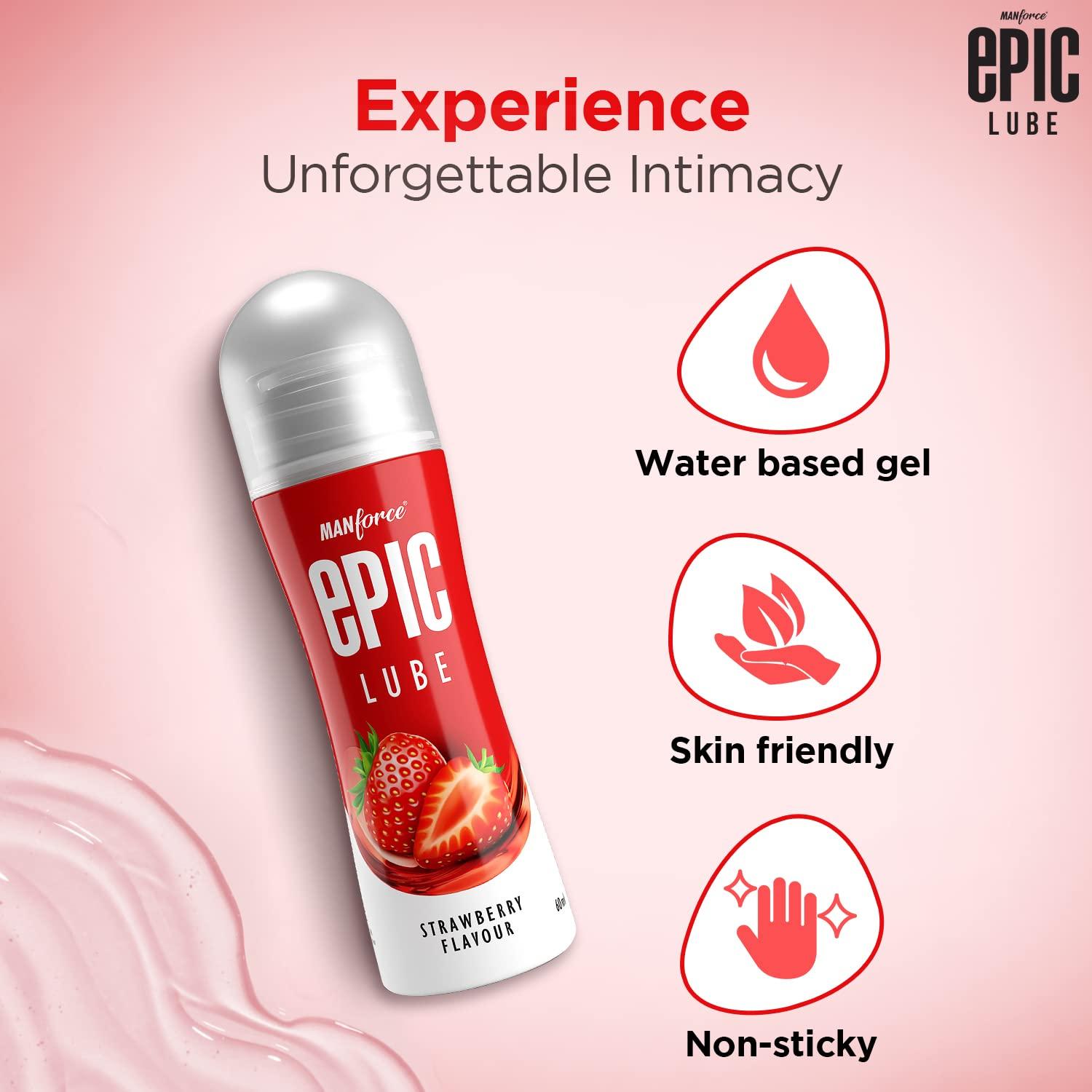 Manforce Epic Lube, Strawberry Flavoured Lubrication Gel for Men & Women, Water-Based Gel, Skin-Friendly, Safe to Use with Condoms, 60ml x 3
