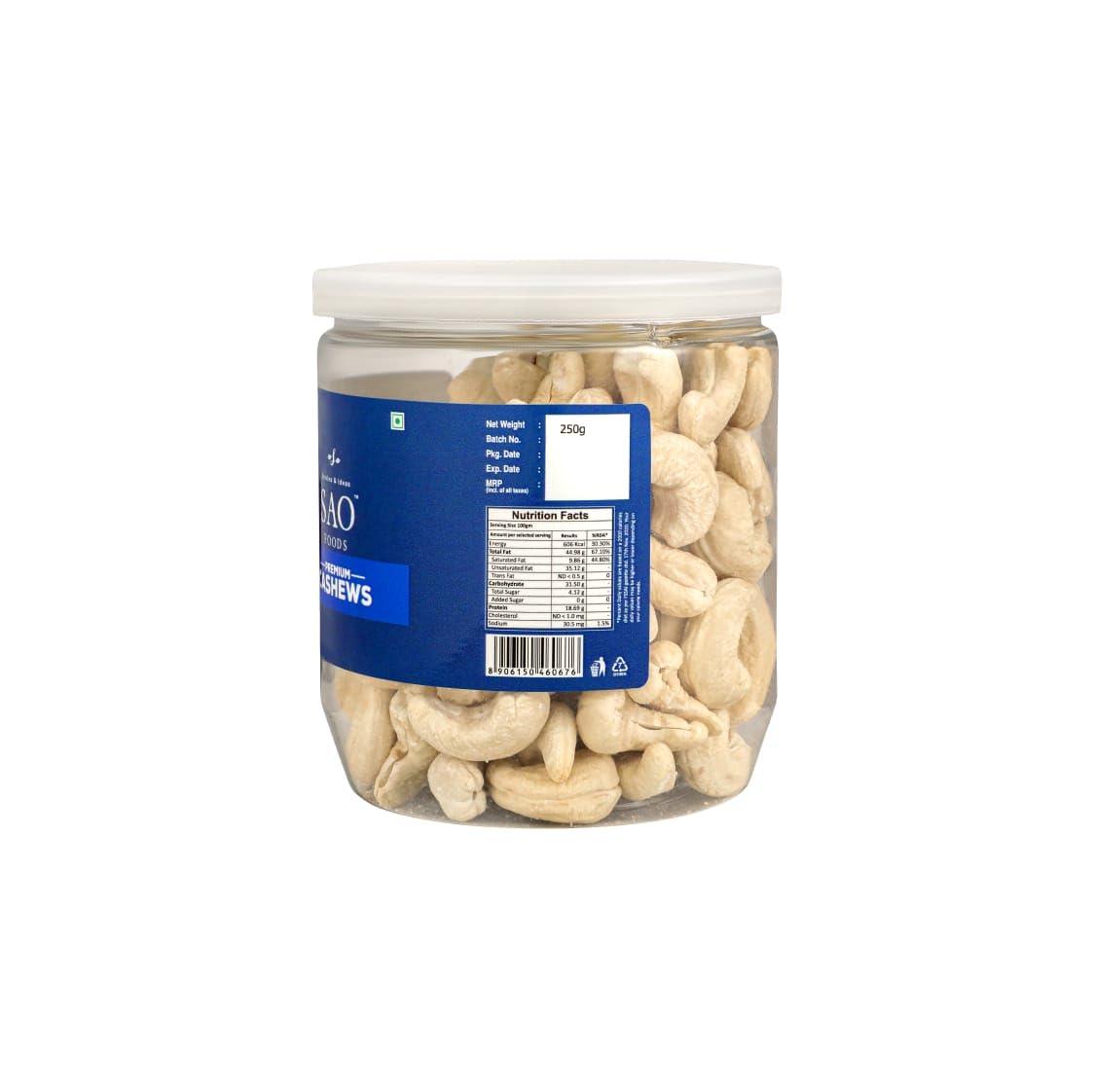 Stories & Ideas SAO Foods Sao Foods Freshly Roasted & Salted Cashews PET Jar 250 gm, Nutrient-Rich, Healthy Snack, Handpicked Cashews, Wholesome and Satisfyingly Crunchy, Gluten-free cashews, Healthy Dry Fruits, High Protein & Fiber, Perfect for Snacking