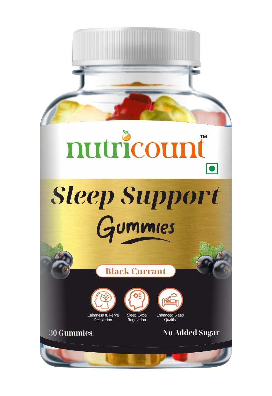 NUTRICOUNT NUTRICOUN T Good Sleep 30 Gummies Melatonin Ashwagandha, Chamomile extract & L-Theanine Support Blissful Sleep & Reduce Stress Natural Black Currant Flavoured 0 Added Sugar Pack-Of-1