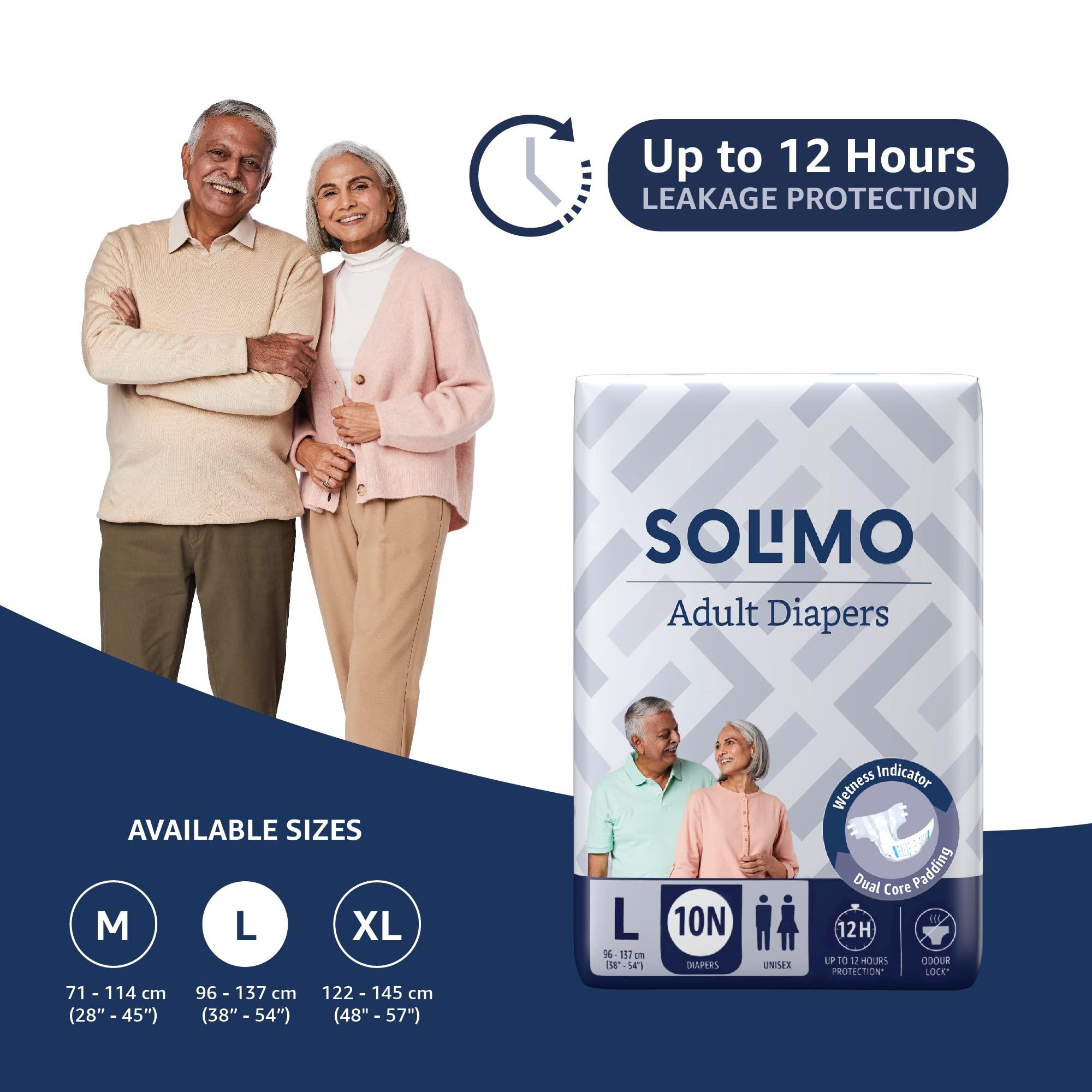 Amazon Brand - Solimo Amazon Brand - Solimo Adult Diapers, Tape Style | Pack of 10 | Large Size | Waist 38-54 in (96-137 cm) | Unisex | Quick Absorption | Leak Proof Upto 12 Hours | Wetness Indicator | For Men & Women