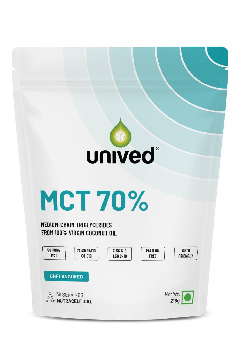 Unived Unived MCT 70% | Medium Chain Triglyceride Oil Powder | Clean Energy Fuel | Pure MCT 5g with C-8: 3528mg & C-10: 1512mg in a 70:30 ratio | Vegan & Keto Friendly | 30 Servings