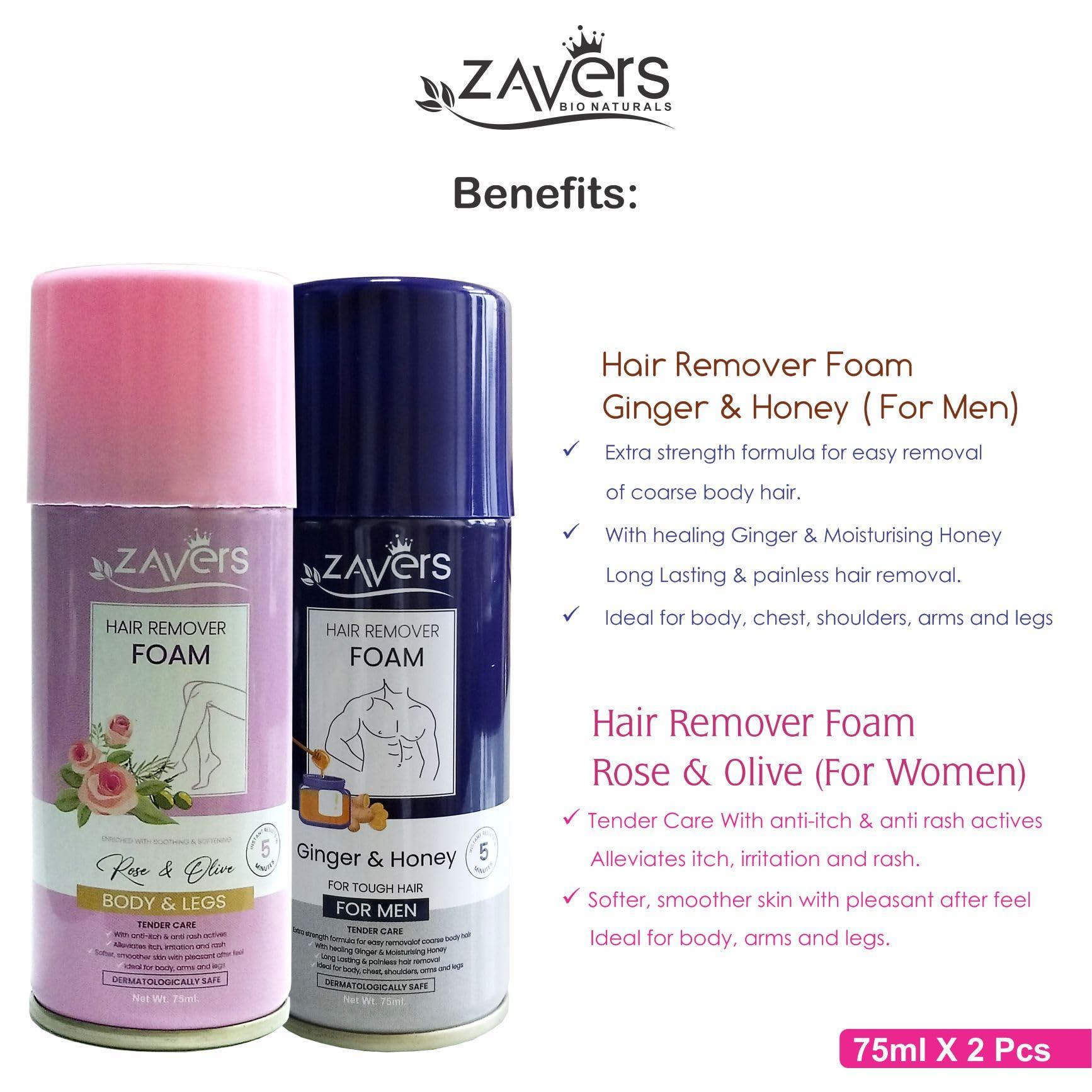 ZAVERS Zavers Hair Removal Foam for Men & Women - 75 ml Combo - Powerful Ginger & Honey Formula for Tough Hair - Enriched with Soothing Rose & Olive for Soft, Smooth Skin - Easy, Effective Hair Removal Solution