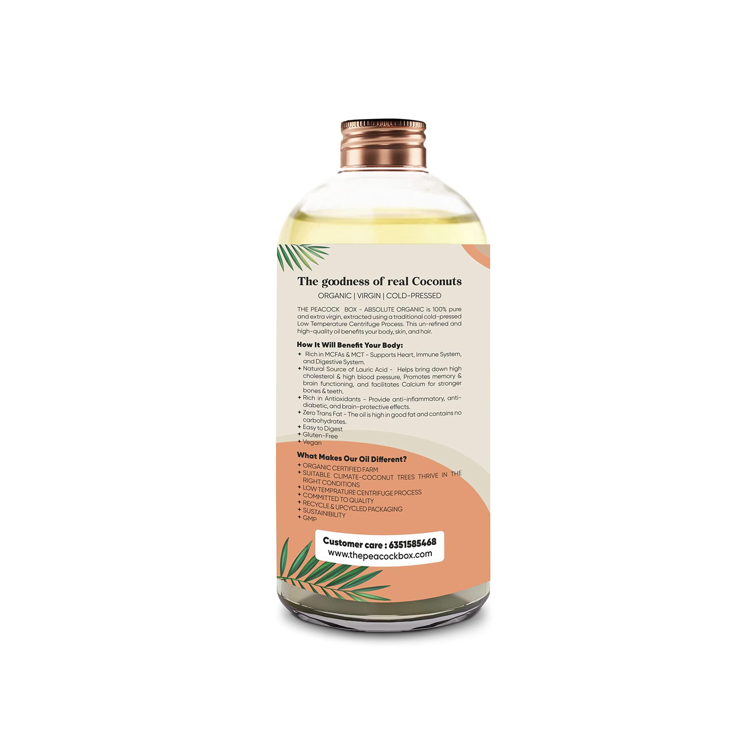 THE PEACOCK BOX ABSOLUTE ORGANIC The Peacock Box Organic Extra Virgin cold pressed Coconut Oil | Derived From Coconut Milk Cream | for Hair, Skin, and Cooking - 500 Ml