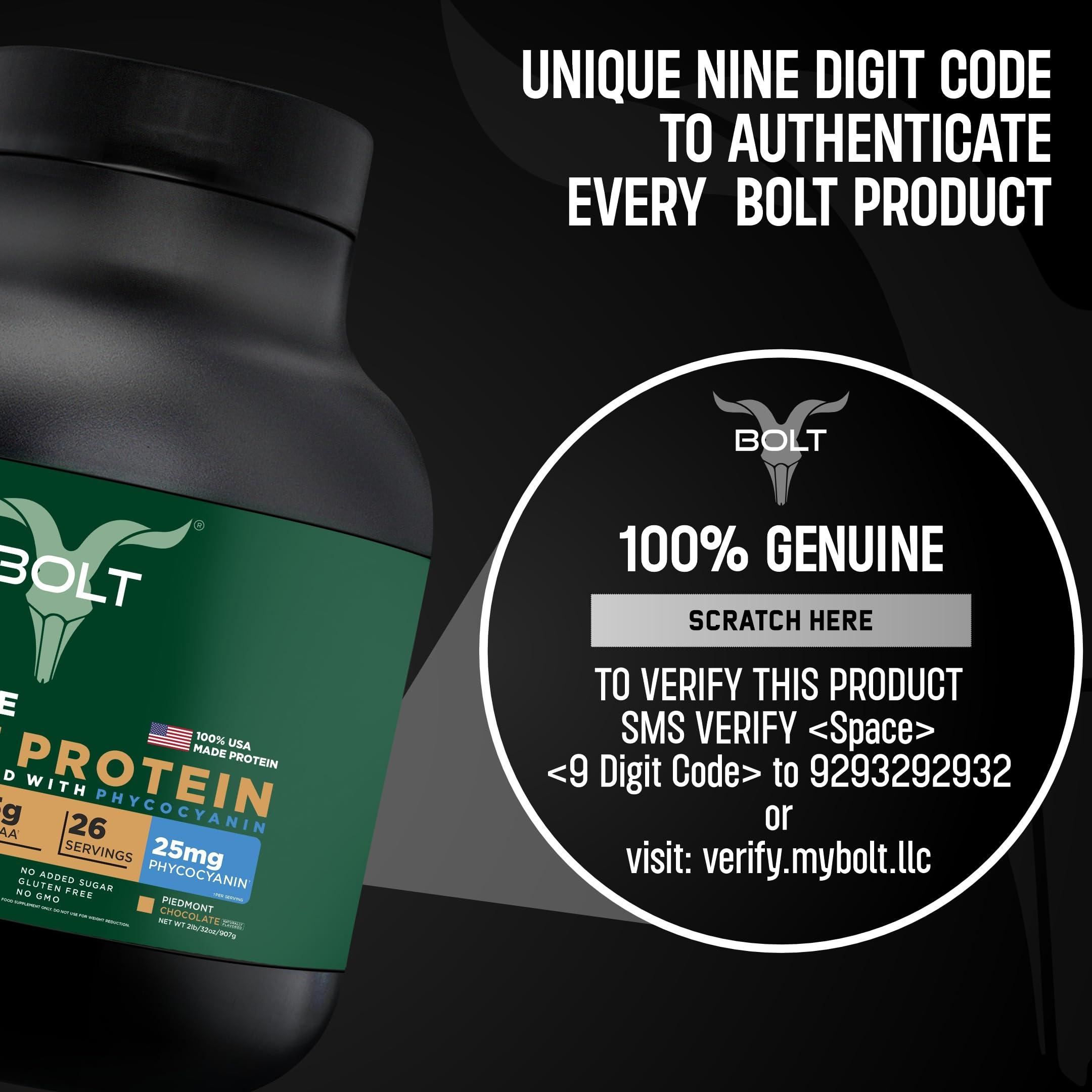 Bolt Bolt Biozyme Plant Protein | Vegan Protein with Superfood PHYCOCYANIN and Ayurvedic Herbs | Complete Amino Acid Profile for muscle Support and Recovery | 2Lb/32oz, 26 Servings | Piedmont Chocolate