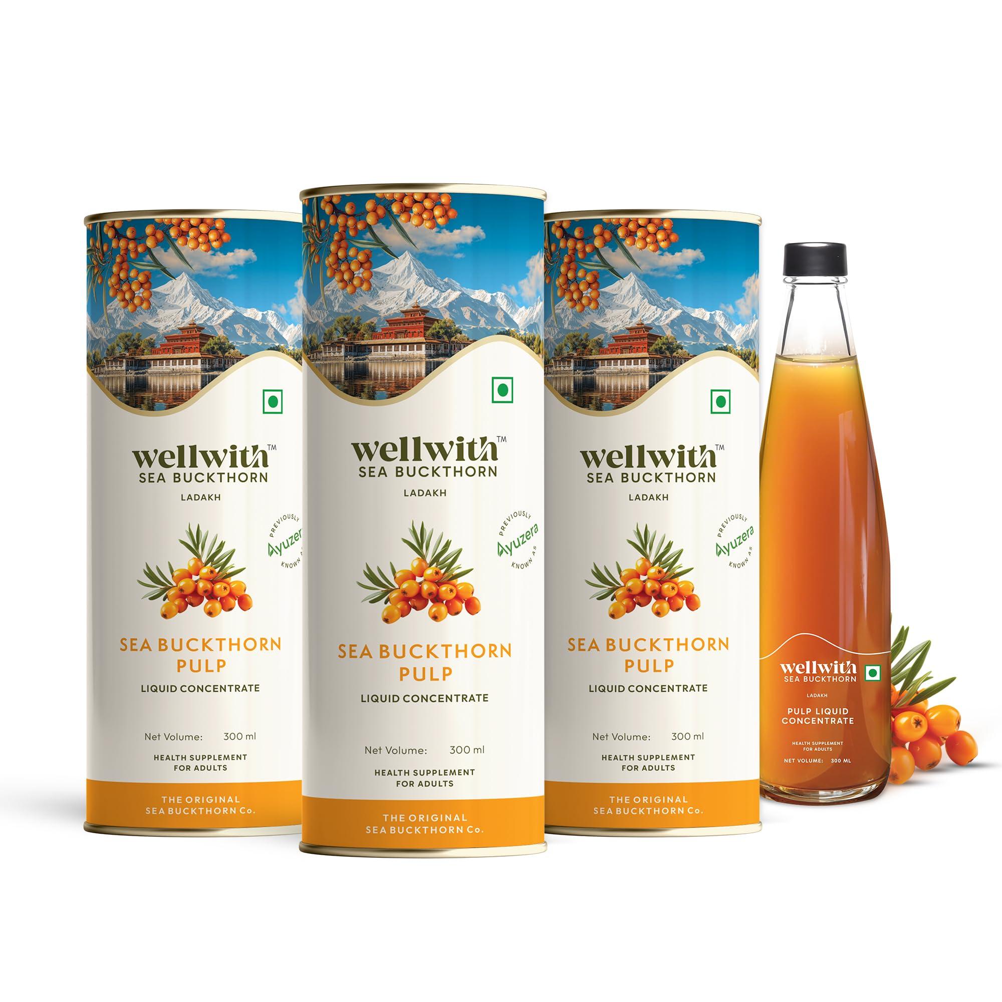 Ayuzera Ayuzera Himalayan Sea Buckthorn Pulp 300ml | Plant Based Vegan Omega 3, 6, 7 and 9 | Vegetarian Liquid Supplements | No Fish Oil | Veg, Natural & Organic | Makes up to 50 Glass Juice | Rich in Omega 7, Antioxidants, Vitamins | (900ml Pack Of 3)