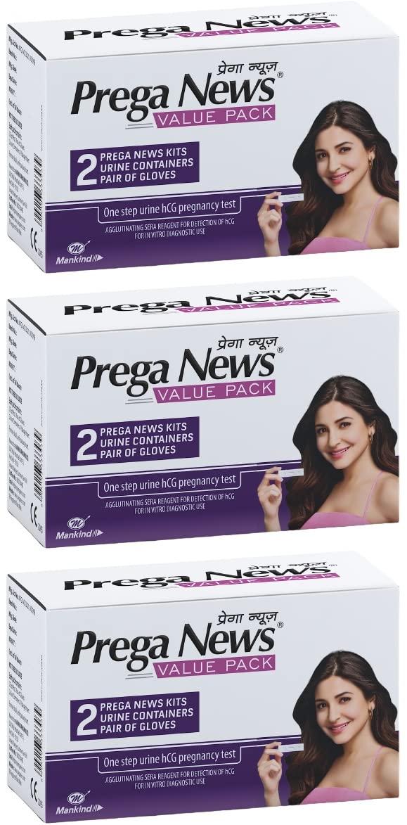 Prega News Prega news Value Pack Kit,One Step Pregnancy Test Kit, Easy to Use, Accurate Result in Just 3 Minutes,2 Gloves + 2 Urine Containers + 2 Pregnancy Test Kits x Pack of 3