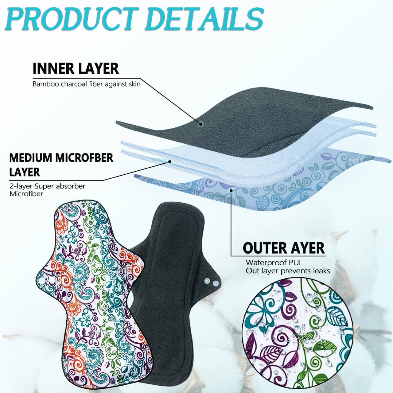 ZCOINS ZCOINS 4PCS Overnight Pads 13.5inch Reusable Pads Menstrual Heavy Flow, Washable Cloth Pad with 1 Zipper Bag