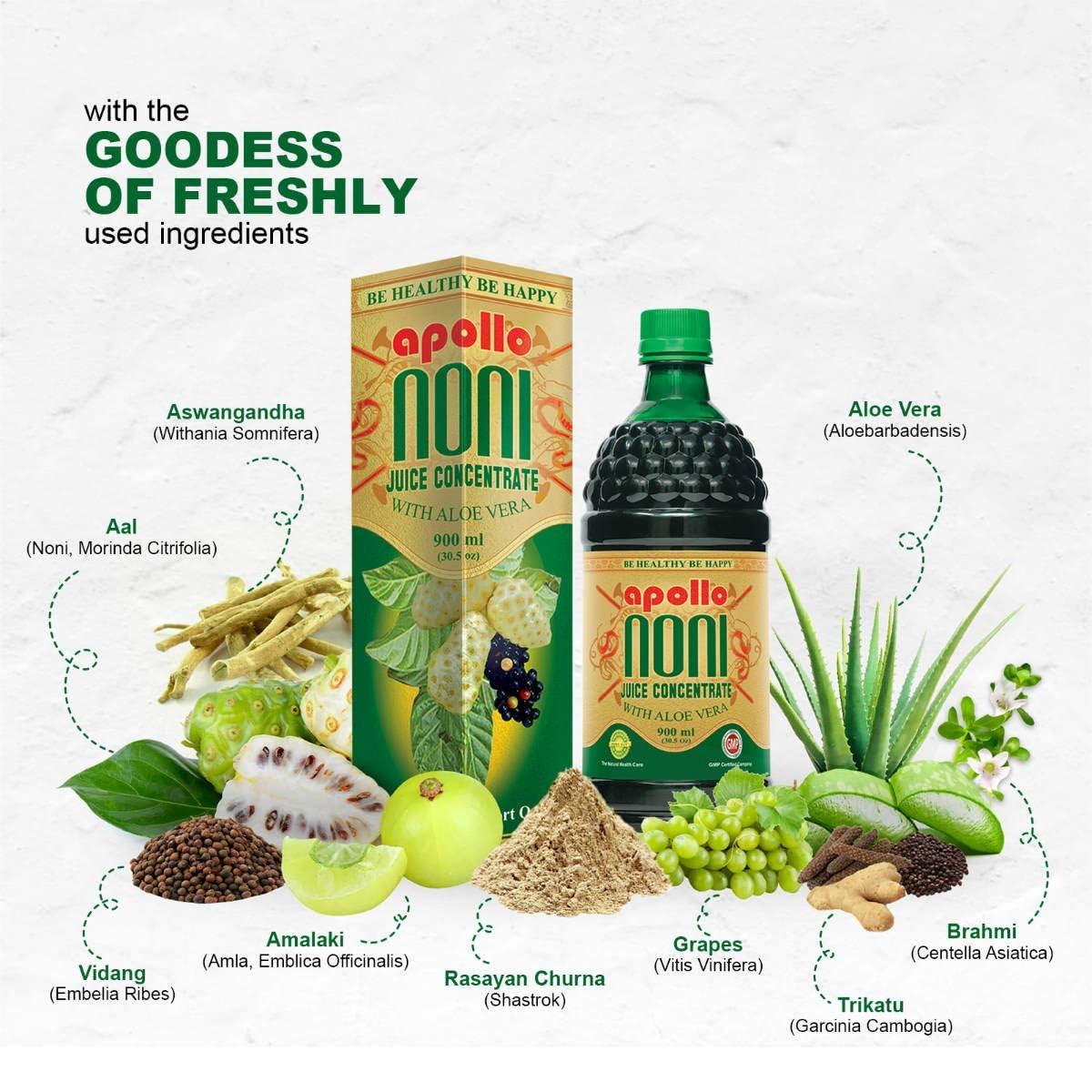 apollo NONI Apollo Noni Juice Concentrate with Aloe Vera 900ml | Natural Immunity Booster Juice with Pure Noni Fruit Extract | Rich in Antioxidants, Enhance energy | Sugar Free Noni Juice