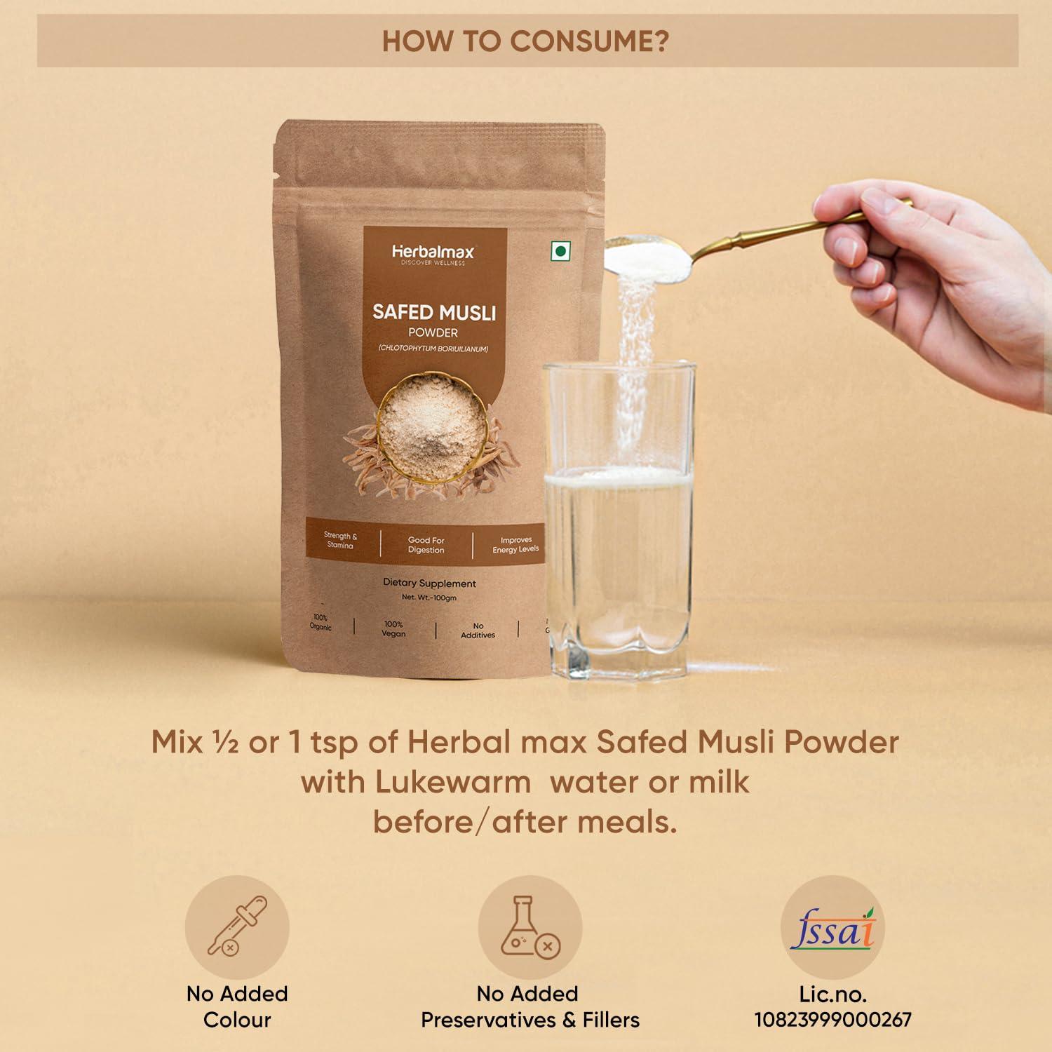 Herbal max Herbal max Organic Safed Musli Root Powder - 100 gm | Ayurvedic Support for Vitality & Performance | Herbal Supplement | Strength & Stamina