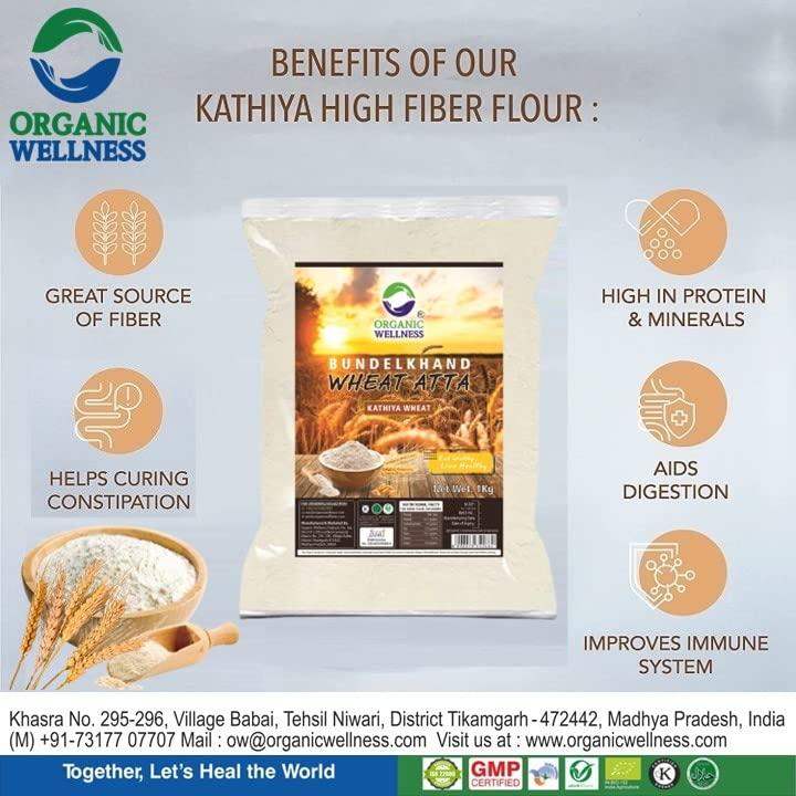 Organic Wellness Organic Wellness Kathiya Wheat Atta II Emmer Wheat Flour | Low Gluten, & Diabetic Friendly II Chakki Atta - 1 KG Pack