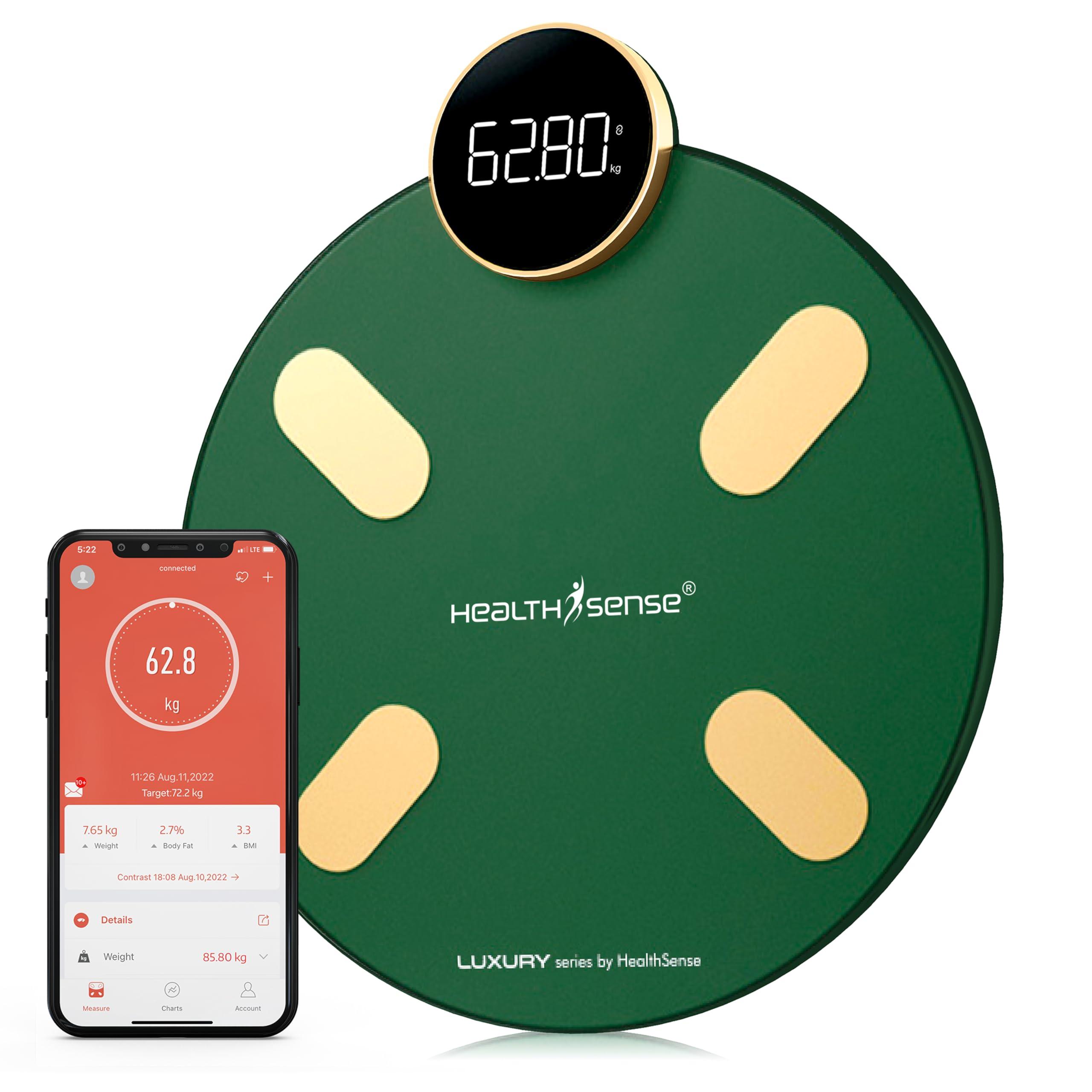 HealthSense HealthSense Bluetooth BMI Weight Machine for Body Weight, Digital Body Fat Analyzer Machine & Smart Body Composition Scale with Mobile App, 13 Body Composition, LED Display, BIA Technology & 1 Year Warranty S1 Luxury