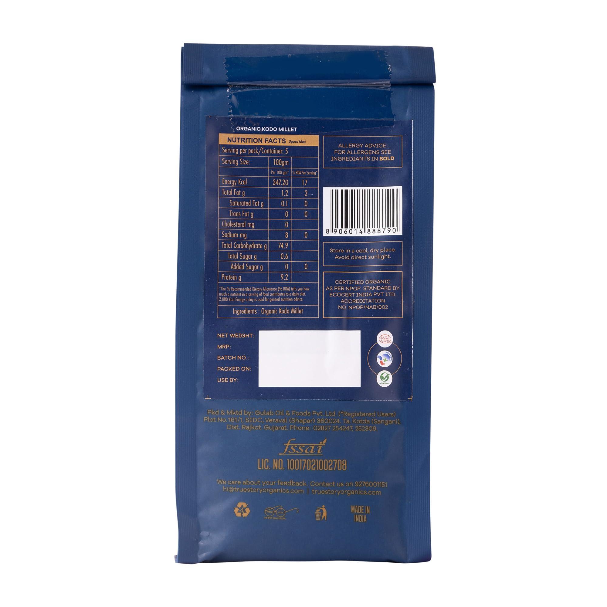 TRUE STORY True Story Organic Kodo Millet | 500g | Unpolished Kodri, Kodra | Pure, Chemical-Free Arikelu, Arikalu | Non-GMO Varagu | Pesticide-Free Kodon, Harka | 100% Certified Organic Koovaragu