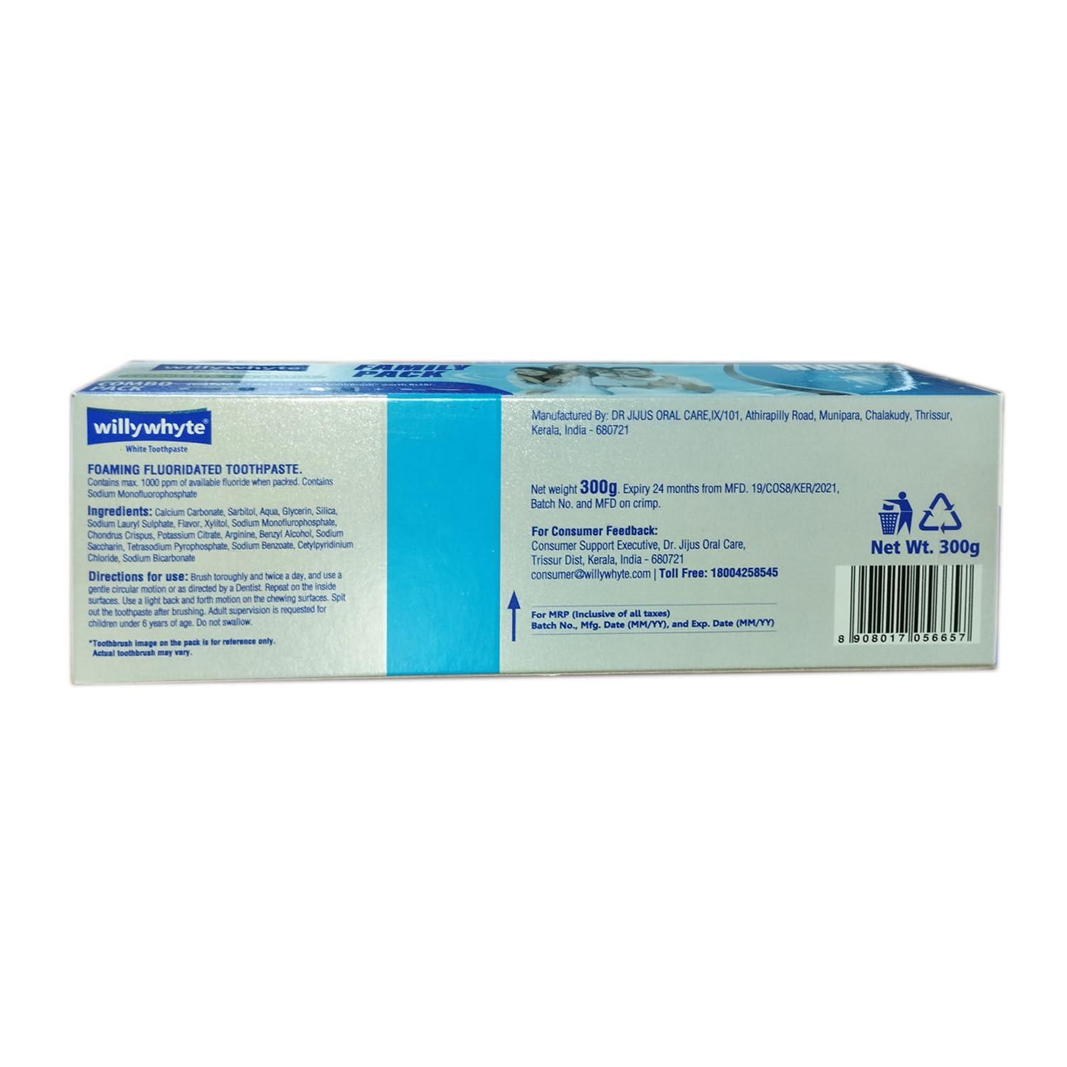 Willywhyte Willywhyte White Toothpaste Family Pack(200gm+100gm+ Free ToothBrush)