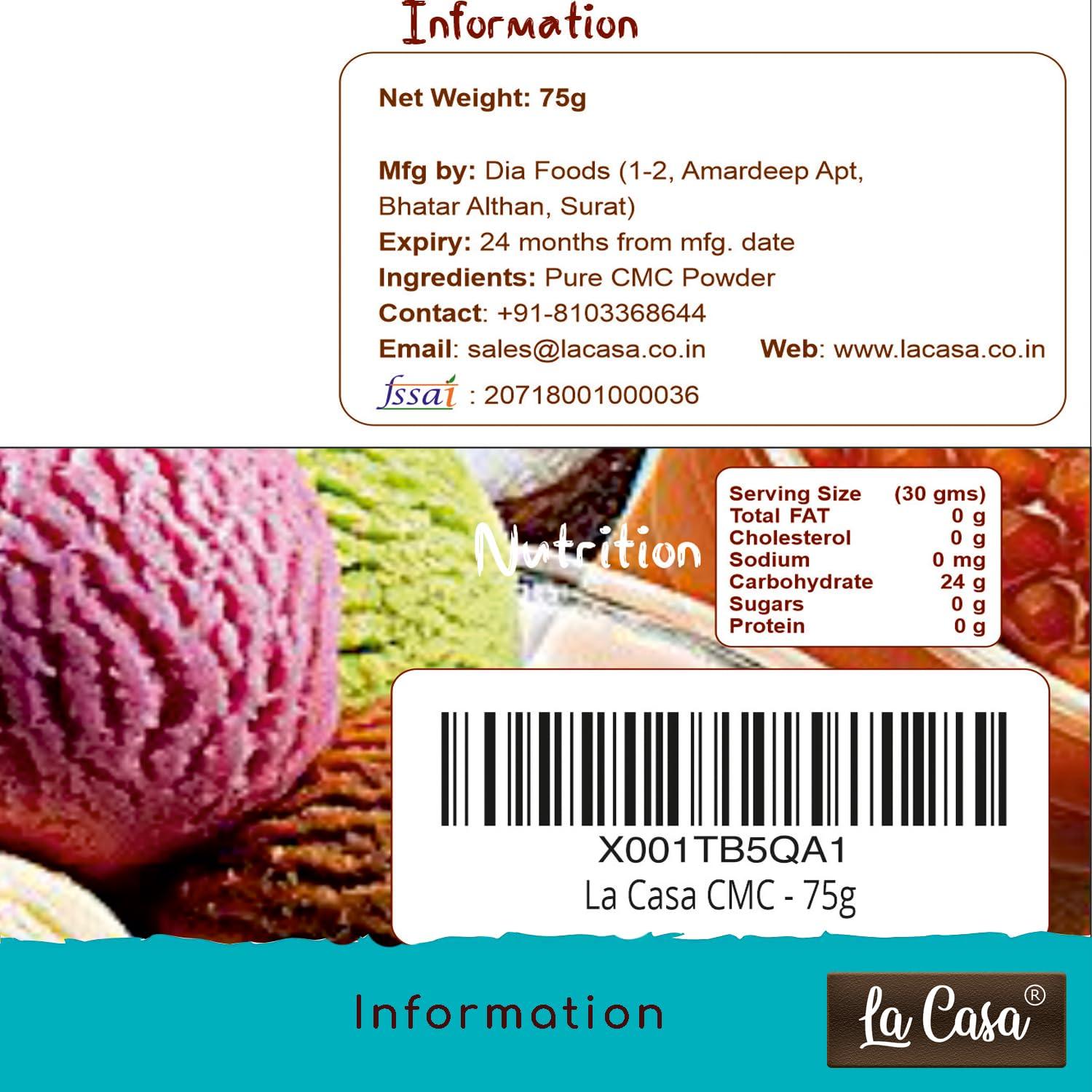 La Casa La Casa CMC Powder | Food Grade Carboxymethyl Cellulose | For Soft, Smooth and Creamy Cake Premixes and Ice Creams | 75g |