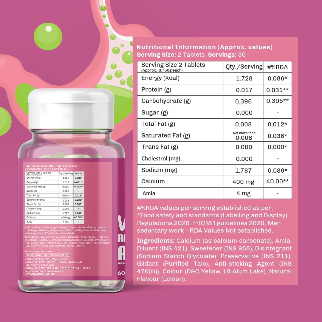 Vito Relief Vito Relief Acidity Chewable Tablets For Heartburn and Acid Reflux Lemon Flavor - Plant Based Natural Ingredients Amla And Calcium Carbonate For Instant Relief, 60 Tablets (60 Tablets)