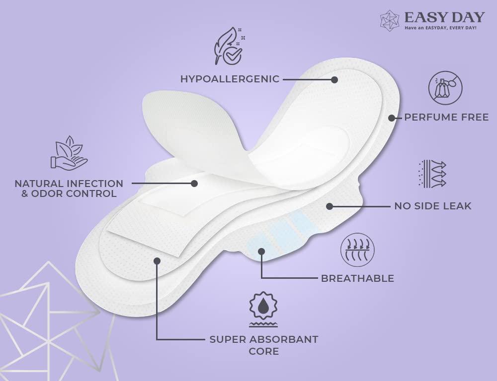 EasyDay EasyDay Overnight/Heavy Flow Sanitary Pads for Women, with Wings, Unscented, Hypoallergenic, Mega Absorbent, Odour & Infection Control, Individually Wrapped, Ultra Thin - 28 Count Pack