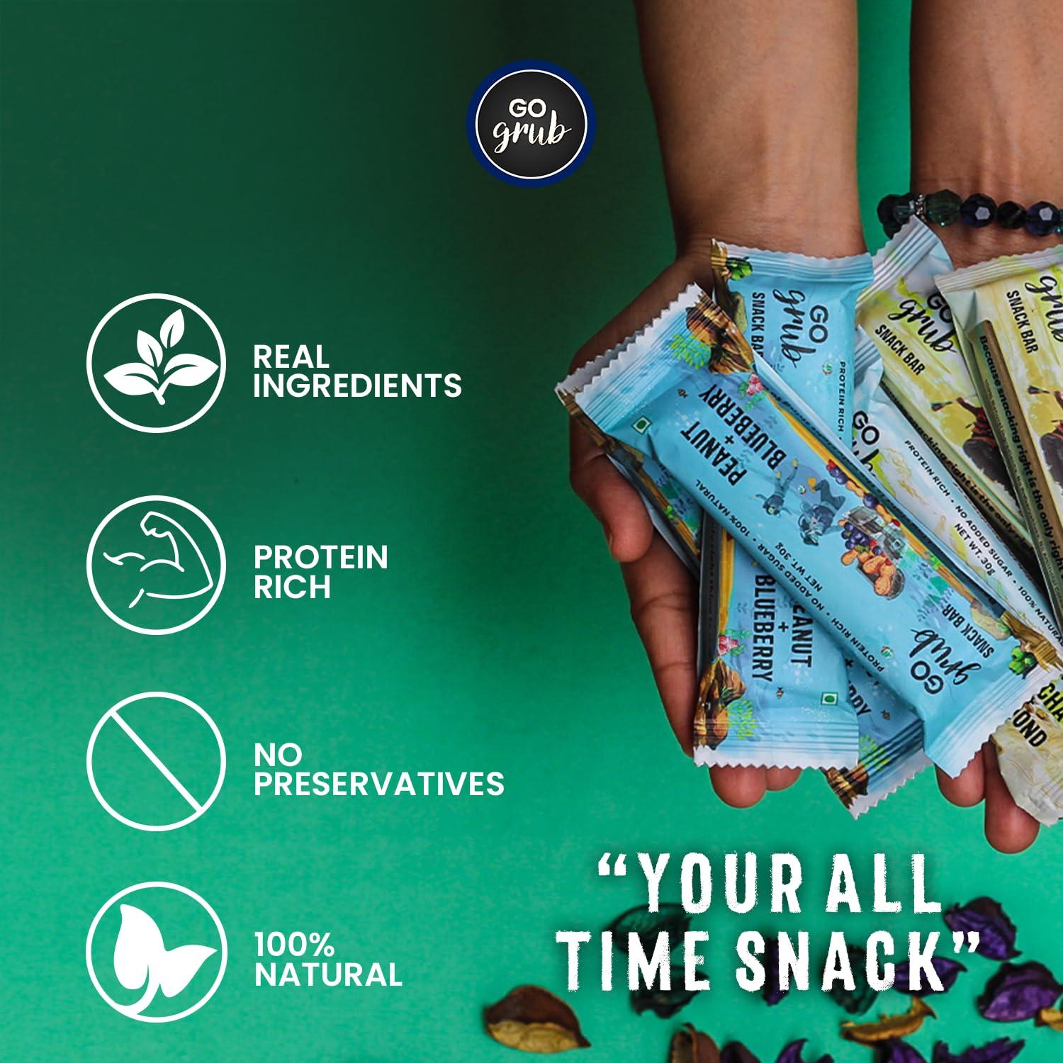 Go Grub Go Grub - Peanut Blueberry Snack Bar | Crunchy Energy Bars with Whole Nuts, Real Dried Berries | No Preservatives | 100% Vegetarian | Healthy Breakfast, Evening & Midnight Snack | Pack of 10