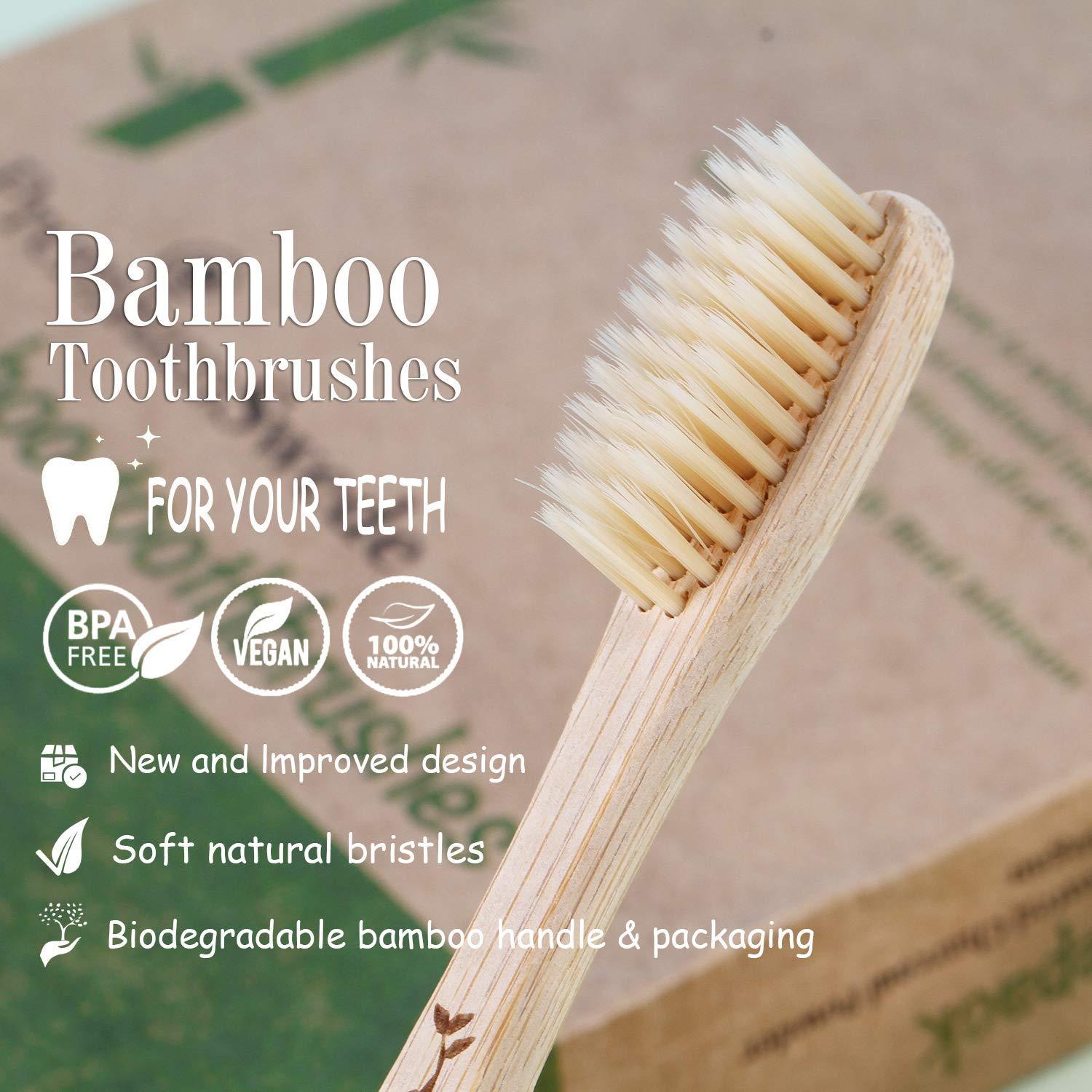 Premiumswede Bamboo Toothbrushes Biodegradable Eco Friendly - Natural Wooden Toothbrush with Soft Bristles - for Kids, Adults - Family 10 Pack