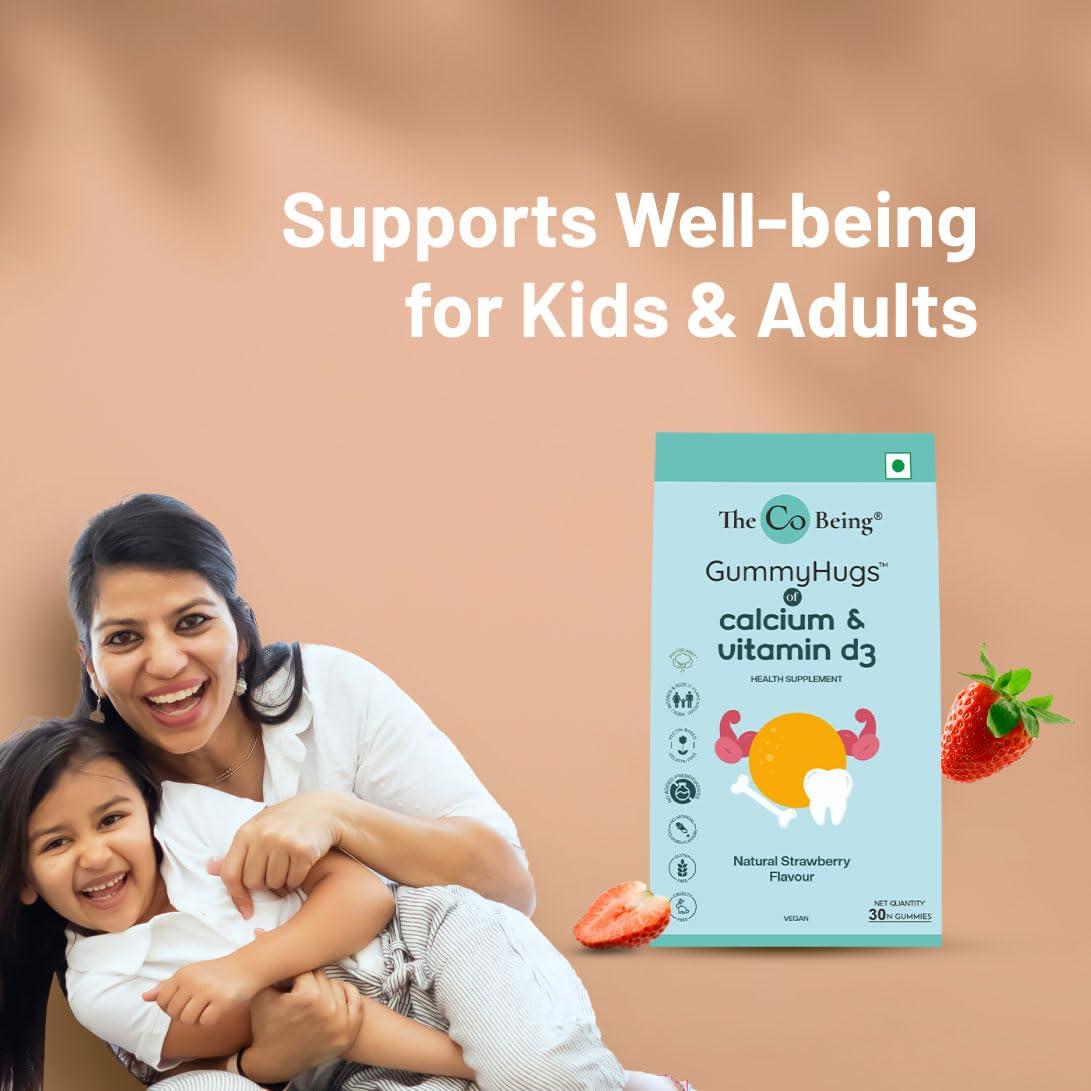 THE CO BEING The Co Beings Calcium Gummies with Vitamin D3 for Men, Women, and Kids, Vitamin D Supplement for Stronger Bones, Joints, and Teeth Health, Dairy Free, Vegan, 30 Day Supply, Natural Strawberry Flavour