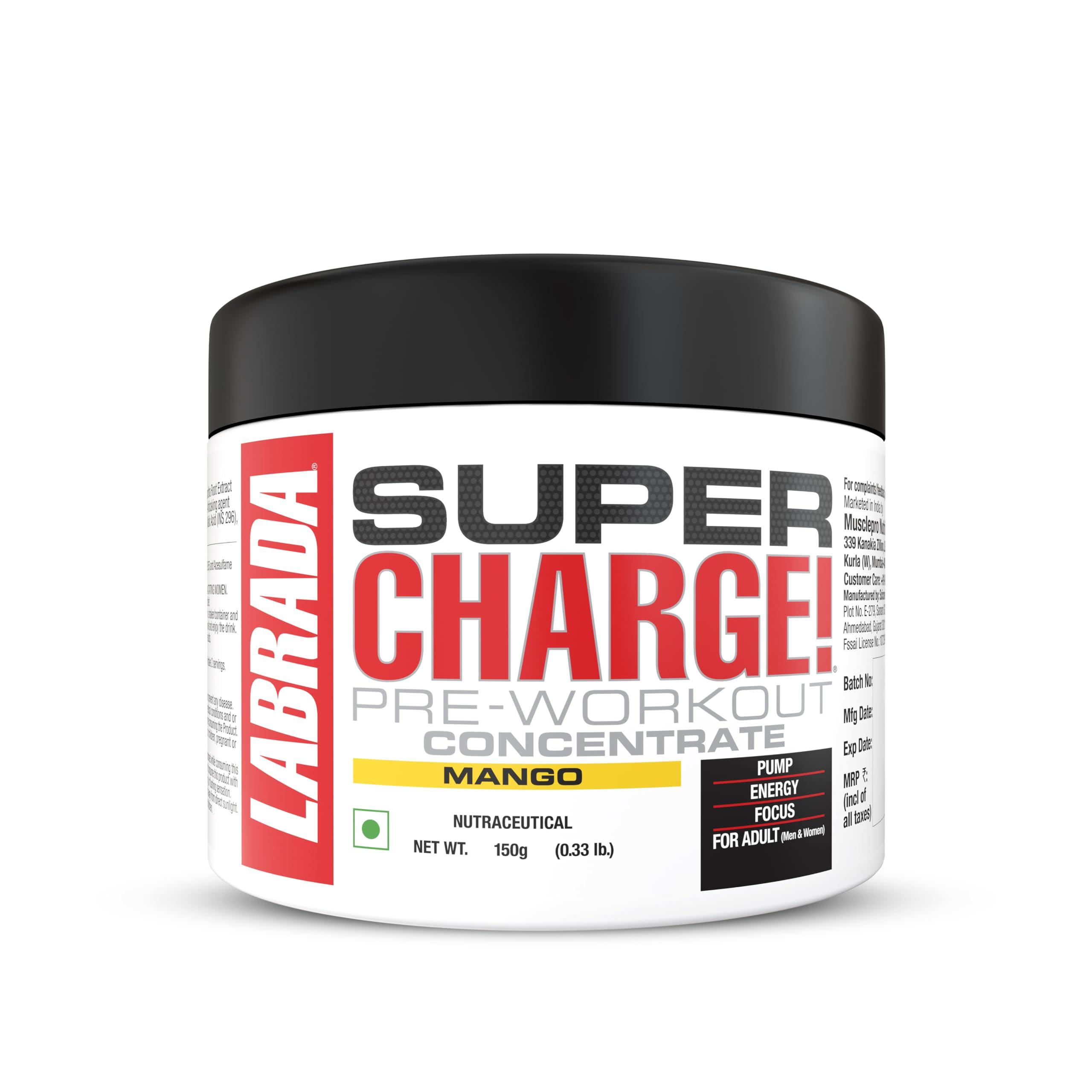 Labrada Labrada Super Charge Pre-Workout Concentrate Powder 150G, Mango (30 Servings | 0.75G L-Arginine |375Mg L-Citrulline Malate |2G Beta Alanine | 150Mg Caffeine Anhydrous | 250Mg Ashwagand