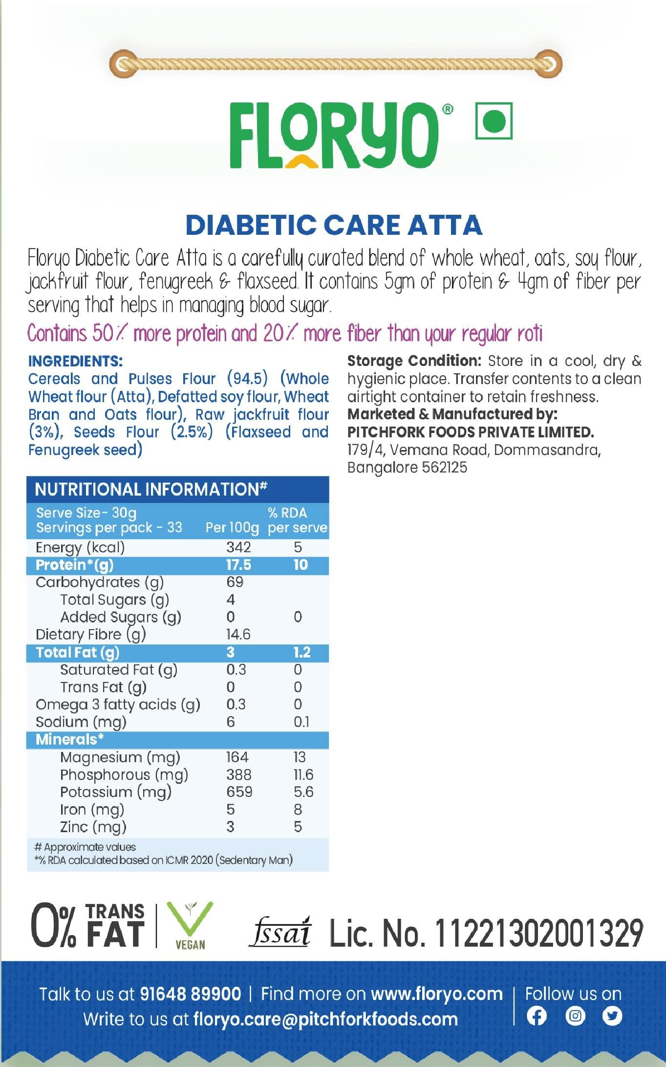 Floryo Floryo 100% Natural Diabetic Care Atta | 1kg Pack | Low GI Flour (Lab Certified) | Rich in Omega-3 | Helps in Diabetes Management | Freshly Milled after Order | 45-Day Shelf Life