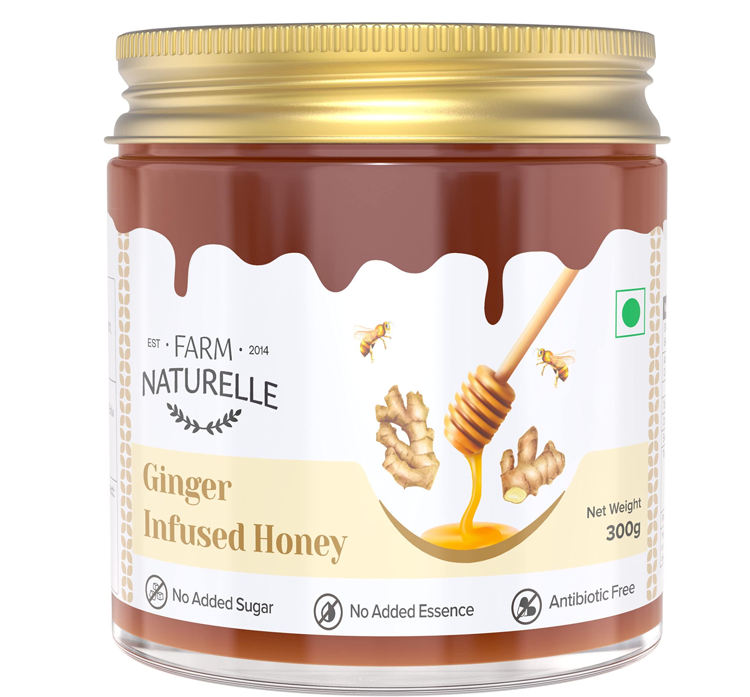 Farm Naturelle Farm Naturelle Healthy Ginger Infused Honey 300gm |100% Pure Honey| Raw & Unfiltered|Unprocessed|Lab Tested Honey In Glass Jar with Engraved Virgin Wooden Spoon