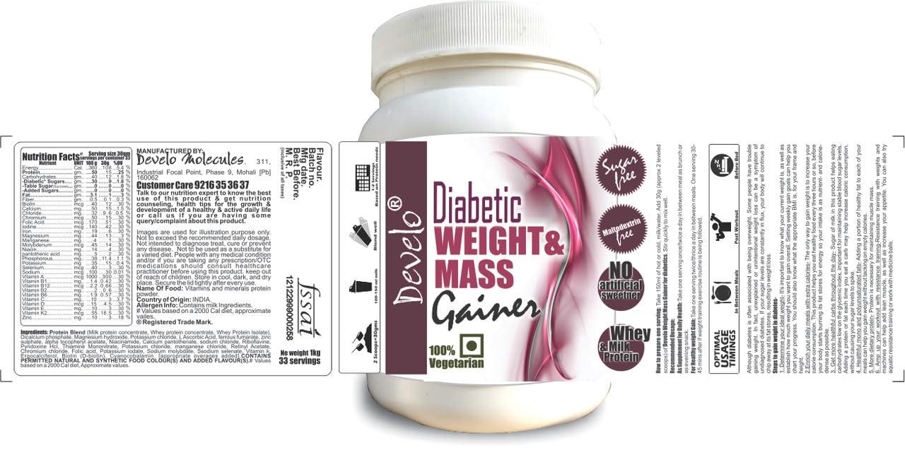 DEVELO DEVELO Weight & Mass Gainer For Diabetics, Sugar Free Supplement For Diabetes Care, Weight & Muscle Gain 1Kg Vanilla, Powder