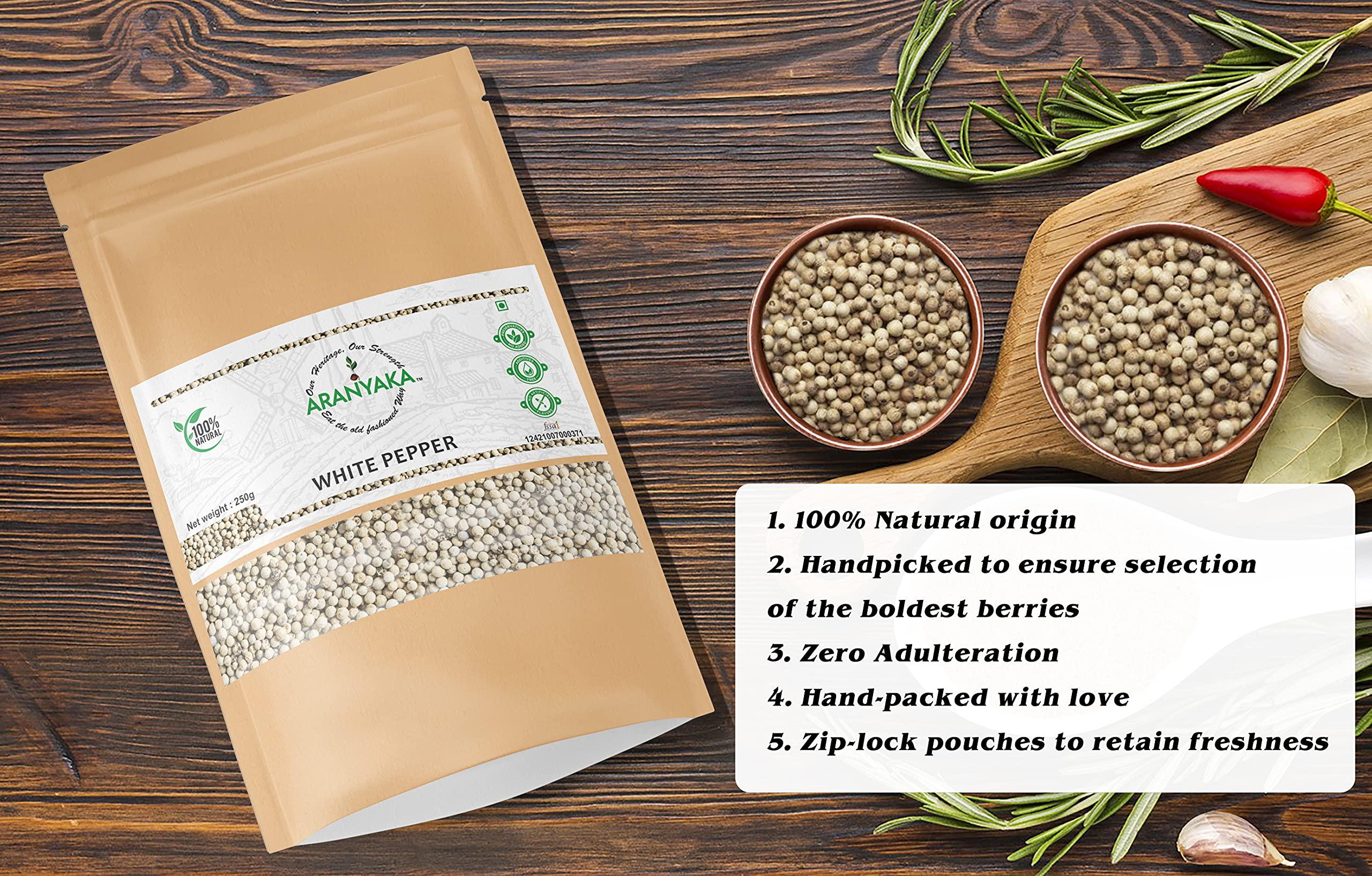 Aranyaka Aranyaka Kolli Hills White Pepper Whole 250g| High Range White Peppercorns| Bold | Directly Sourced from the Tribes of Kollimalai |100% Natural origin | Pesticide Free |Sabut Safed Mirch, 250 gm|