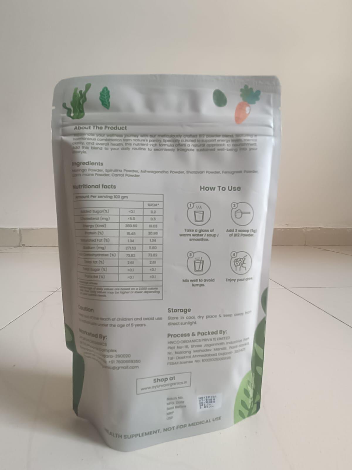 AYURVA ORGANICS AYURVA ORGANICS B12 Powder Vitamin B12 Green Food Powder For Men & Women | Plant Based B12 Powder.