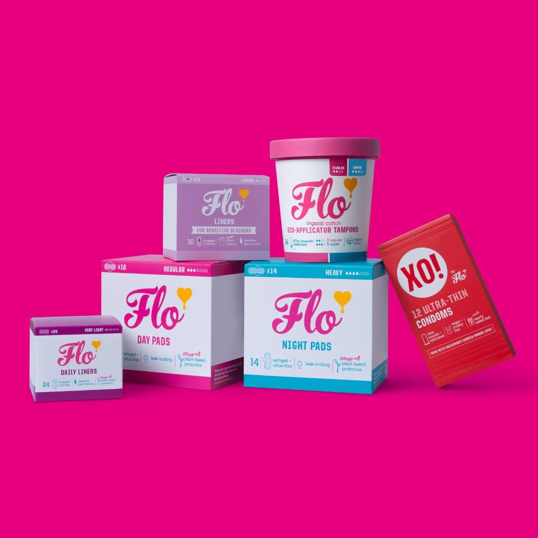 FLO FLO - Organic Applicator Tampons with Width-Wise Expansion, Natural Comfort Cotton, Plant-Based, Biodegradable & Plastic Free, Superior Leak-Busting Protection, Regular & Super Combo Pack, 14 Count