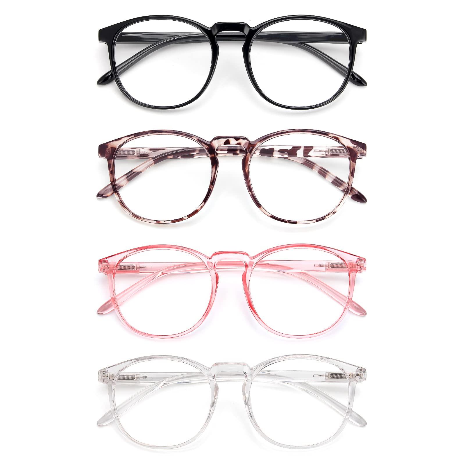 IBOANN IBOANN 4 Pack Blue Light Blocking Glasses Women Men, Fashion Computer Gaming Eyeglasses, Anti UV Bluelight Round Frames (Light Black + Leopard + Transparent + Pink)