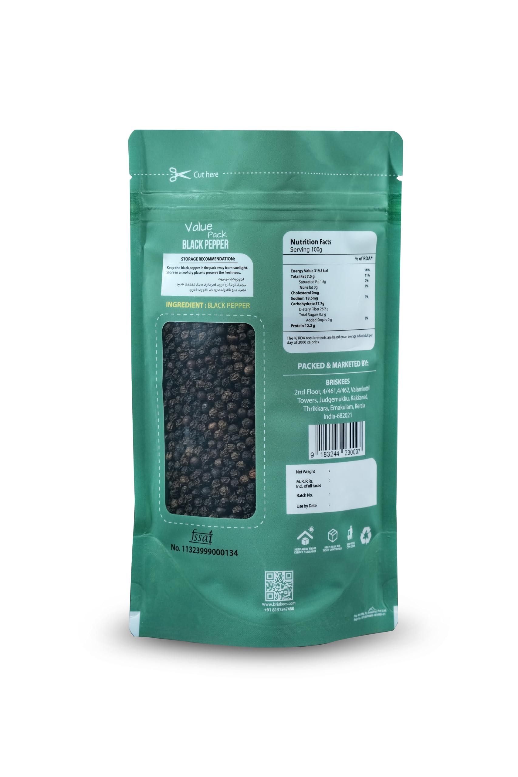Briskees Briskees Tellichery Black Pepper Extra Bold 250 Gram Value Pack Black Pepper Whole Fresh & Natural Black Peppercorns Kali Mirch Whole For Cooking, Spices & Seasonings