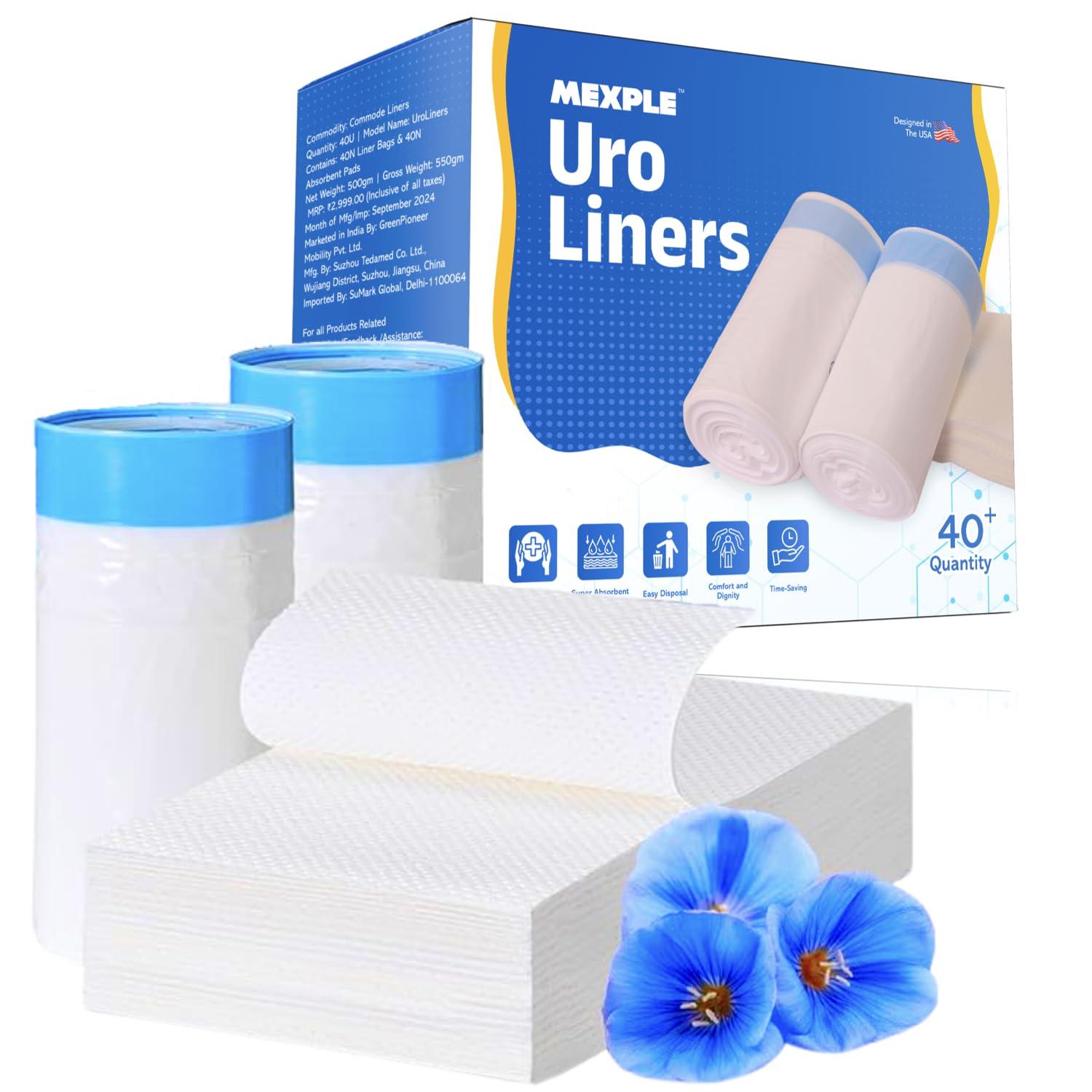 MEXPLE UroLiners Bedside Commode Liners for Toilet Chair Bucket and Bedpan with Super Absorbent Pads from MEXPLE | 40 Disposable Waste Bags, Universal Fit Portable Toilet Liners | (40Bags+40Pads)