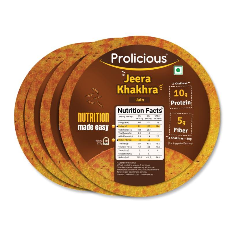 Prolicious Prolicious 2X Protein Jeera Khakra | NO Palm Oil | Crispy | Ready to Eat | Flavourful | High Protein Healthy Anytime Snack (Pack of 4, 170 Grams each)
