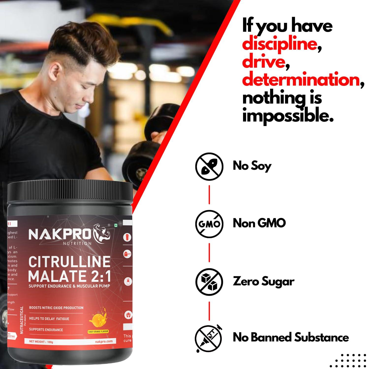 NAKPRO NAKPRO Citrulline Malate Powder-Jar | 2g Citrulline Per Serving | Supports Endurance & Muscle Strength | Easily Dissolve (Tangy Orange, 100g)