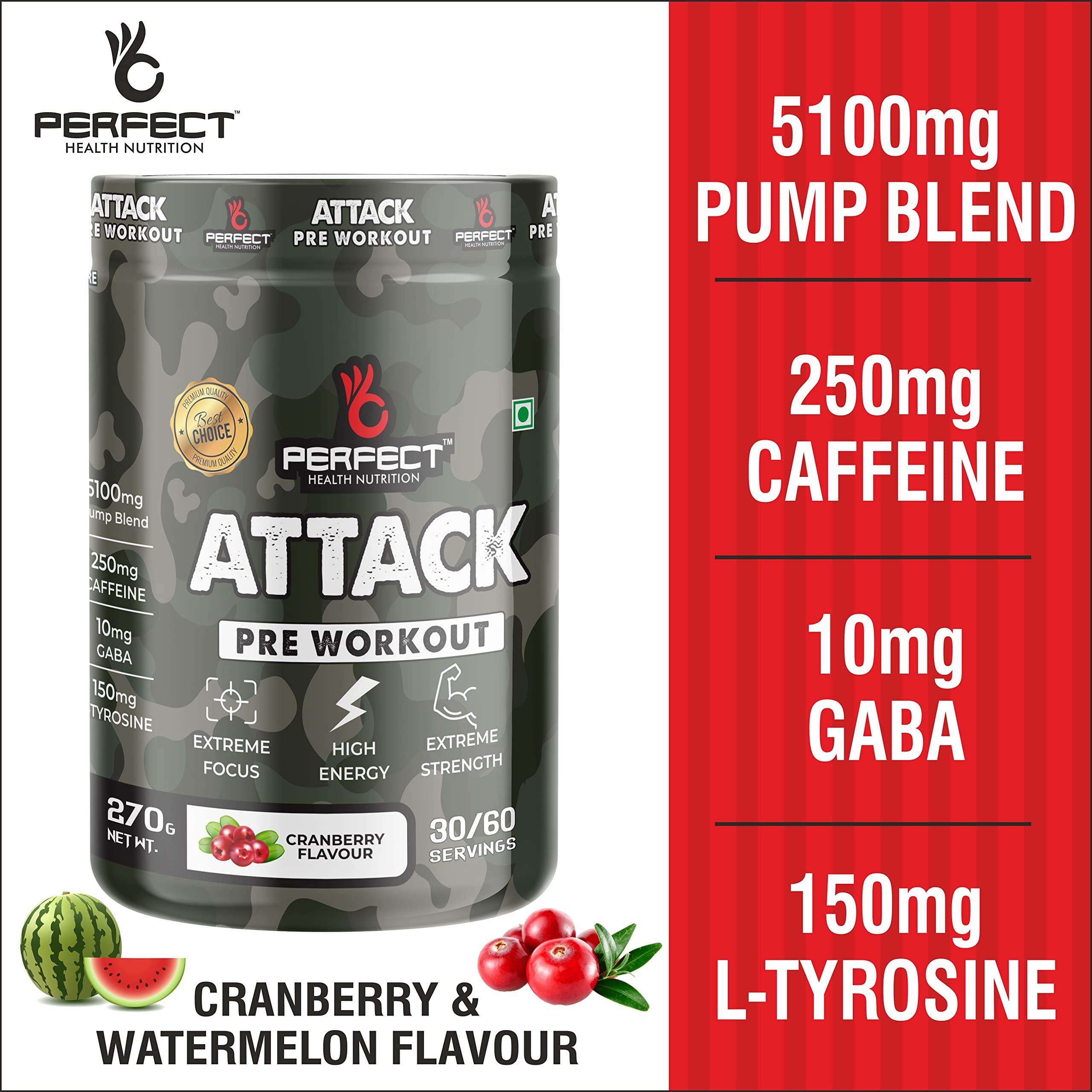 PERFECT HEALTH NUTRITION Perfect Health Nutrition, Attack (Pre-Workout) with 250mg Caffeine, Helps in Better Endurance, Increased Energy, Elevated Focus and Reduces Fatigue (270gm, 30/60 Servings) (Watermelon)