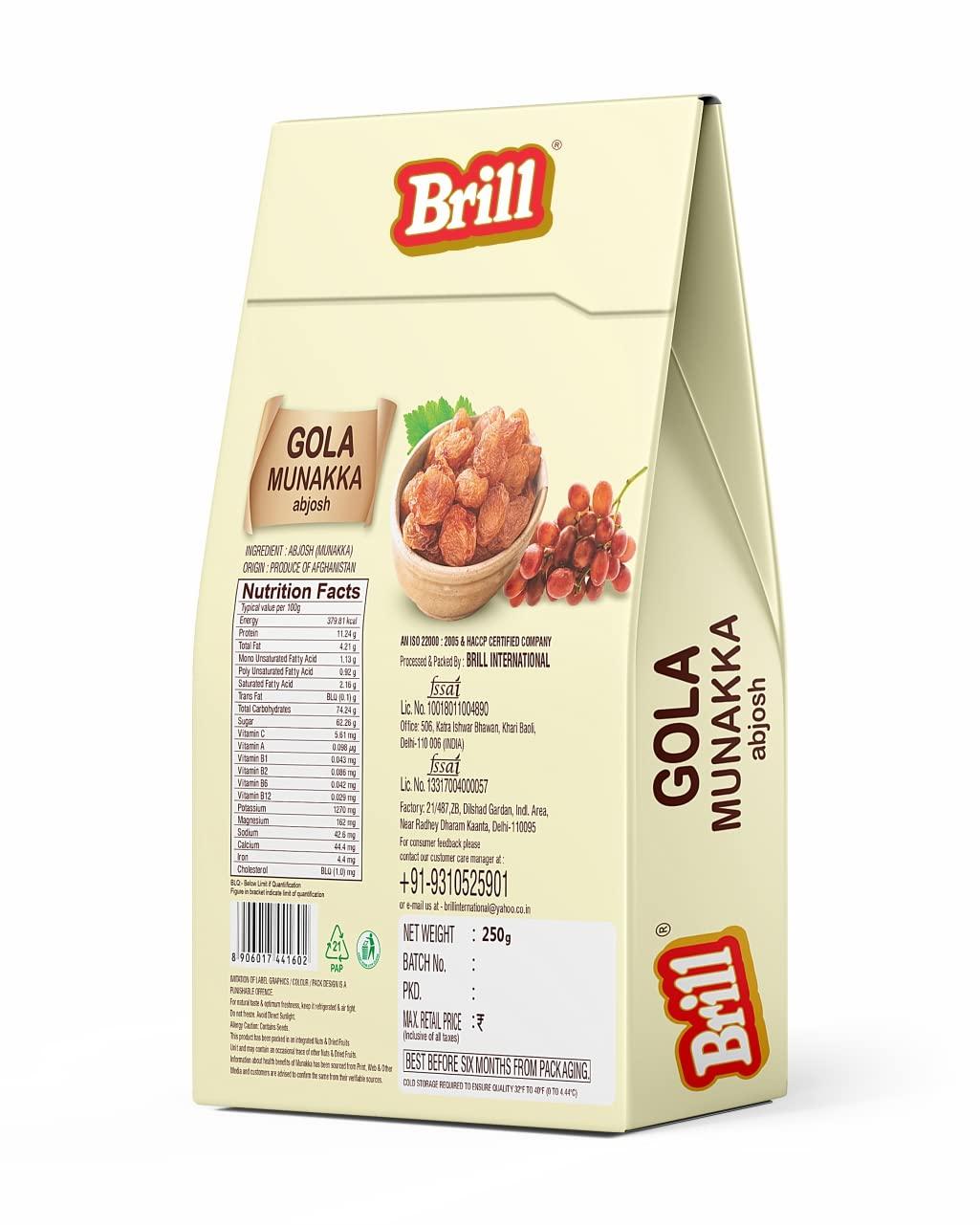 Brill Brill Gola Munakka (Abjosh) 250g | Munakka Raisins | Abjosh Kishmish(Gola) | Munka Dry Fruits | Delicious & Healthy Snack | High in Antioxidants | Naturally Sweet & Tasty