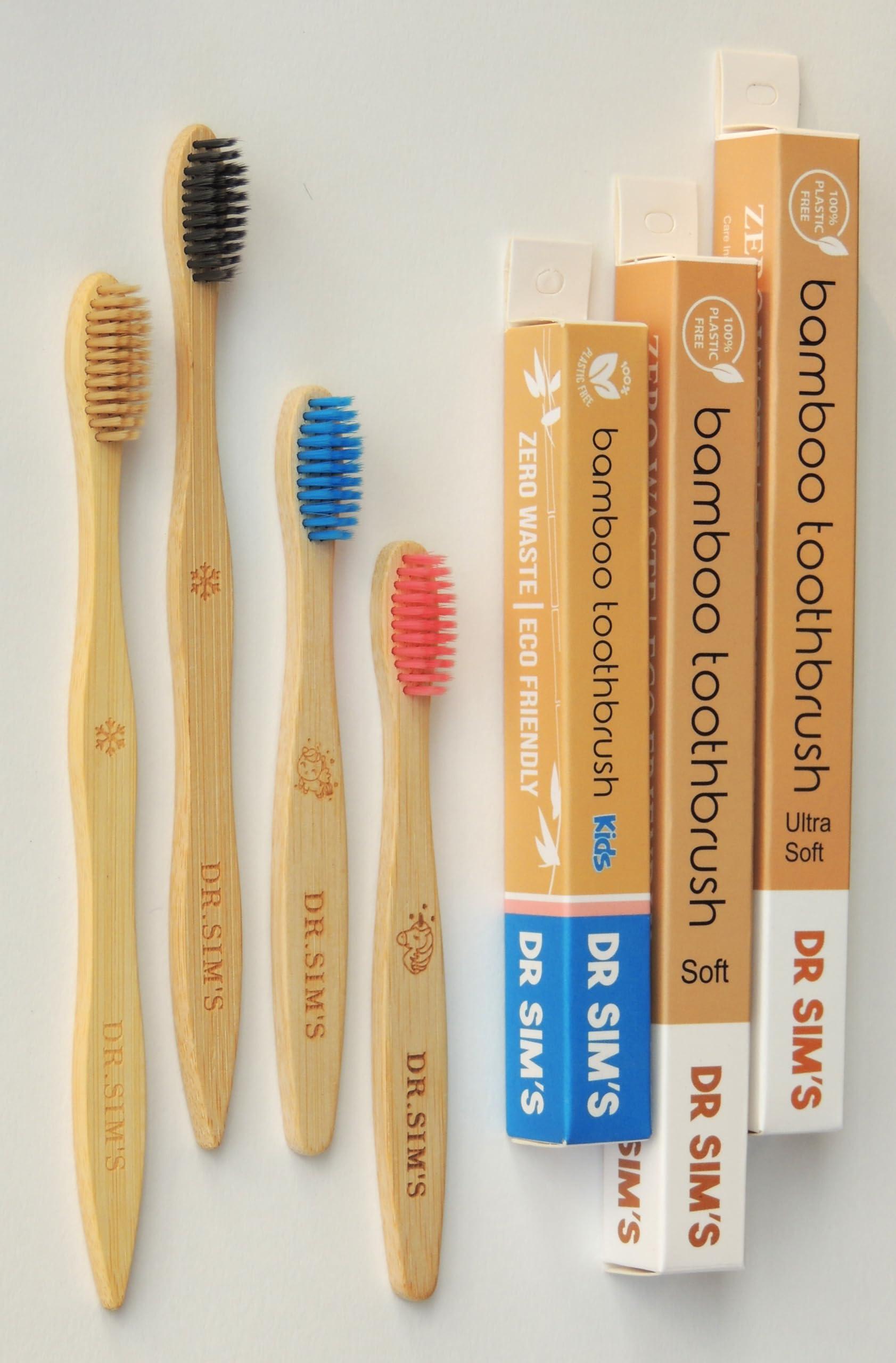 Dr Sim\'s Dr Sim\'s Bamboo Toothbrush | Pack of 4 | 1 Soft Charcoal Black & 1 Ultra-Soft Natural Fibre Beige Bristles for Adults and 2 Colorful Soft Bristles for Kids | Non-Toxic, Sustainable, Vegan, Anti-Microbial