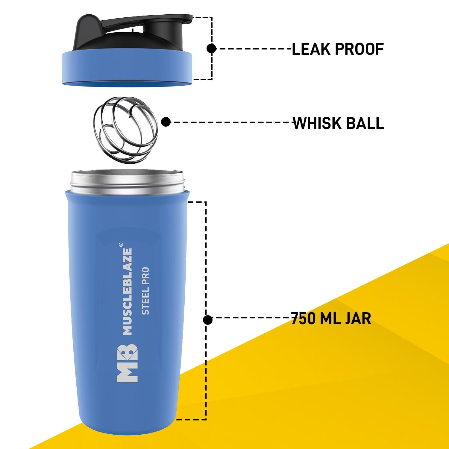 MuscleBlaze MuscleBlaze Steel Shaker 750 ml with Steel Whisk, Leakproof Gym Shaker Bottle for Supplements, Blizzard Blue